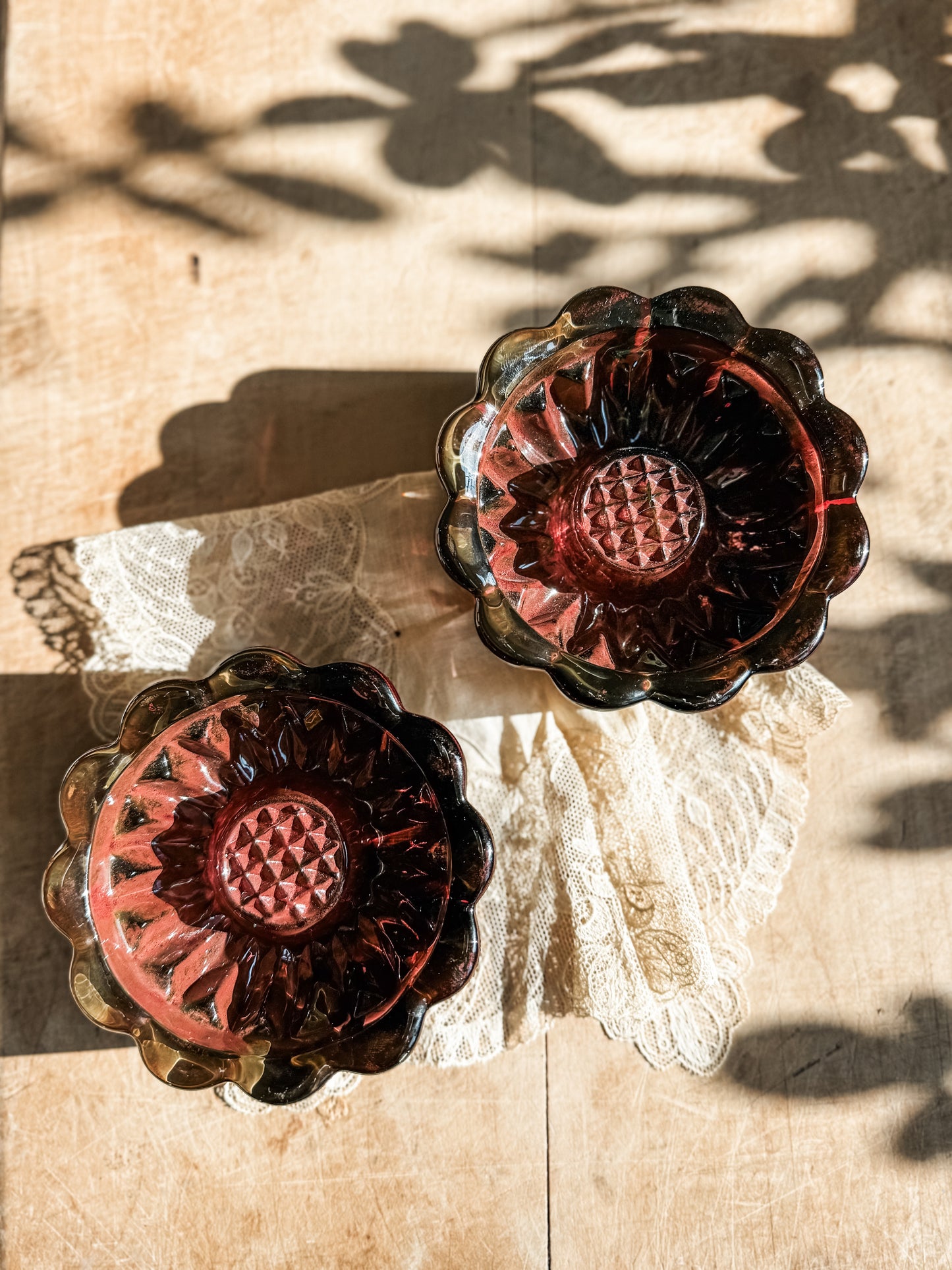 Moody Burgundy Painted Pressed Glass Candle Holders