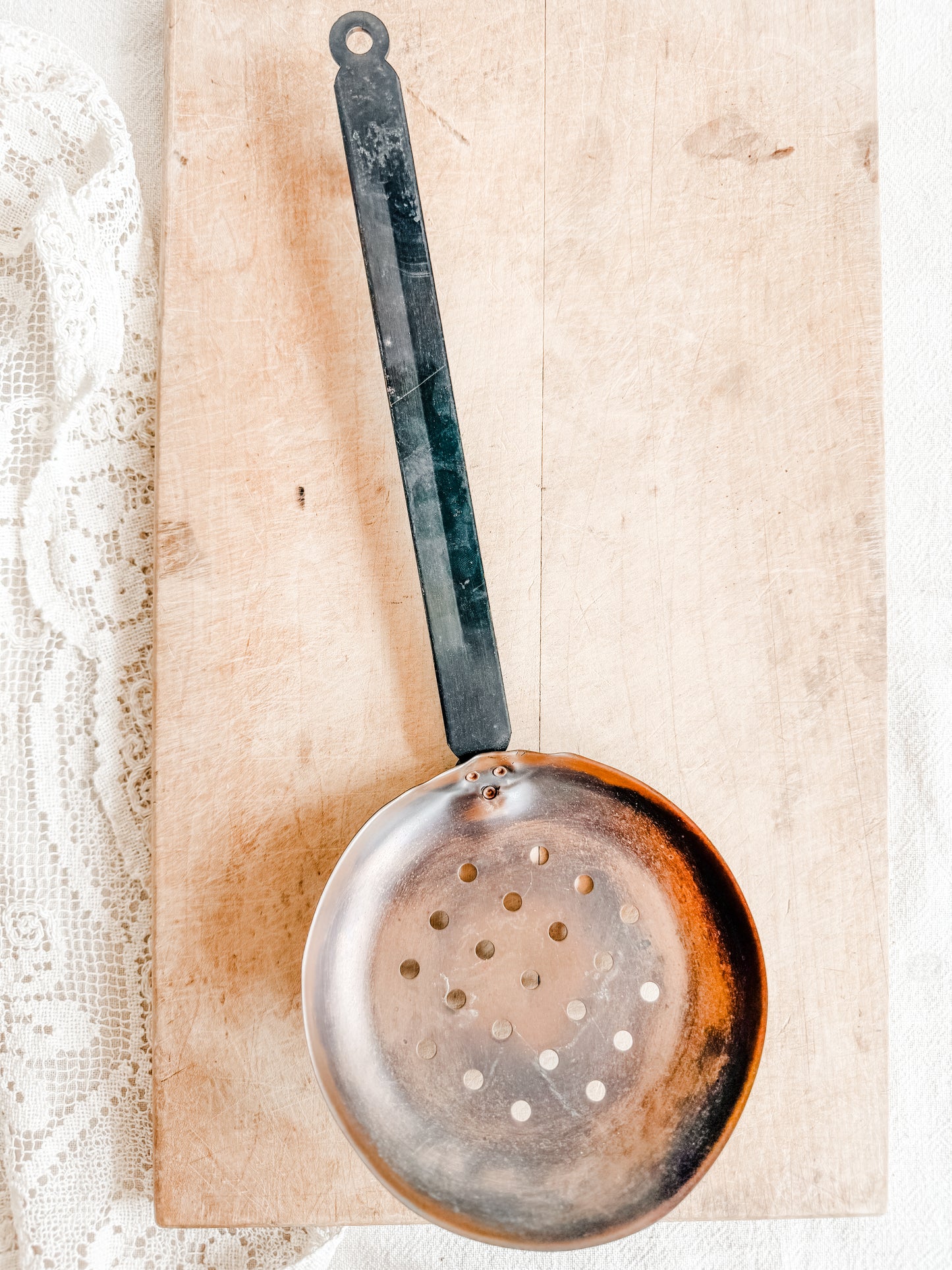 Wrought iron and copper skimmer or ladle