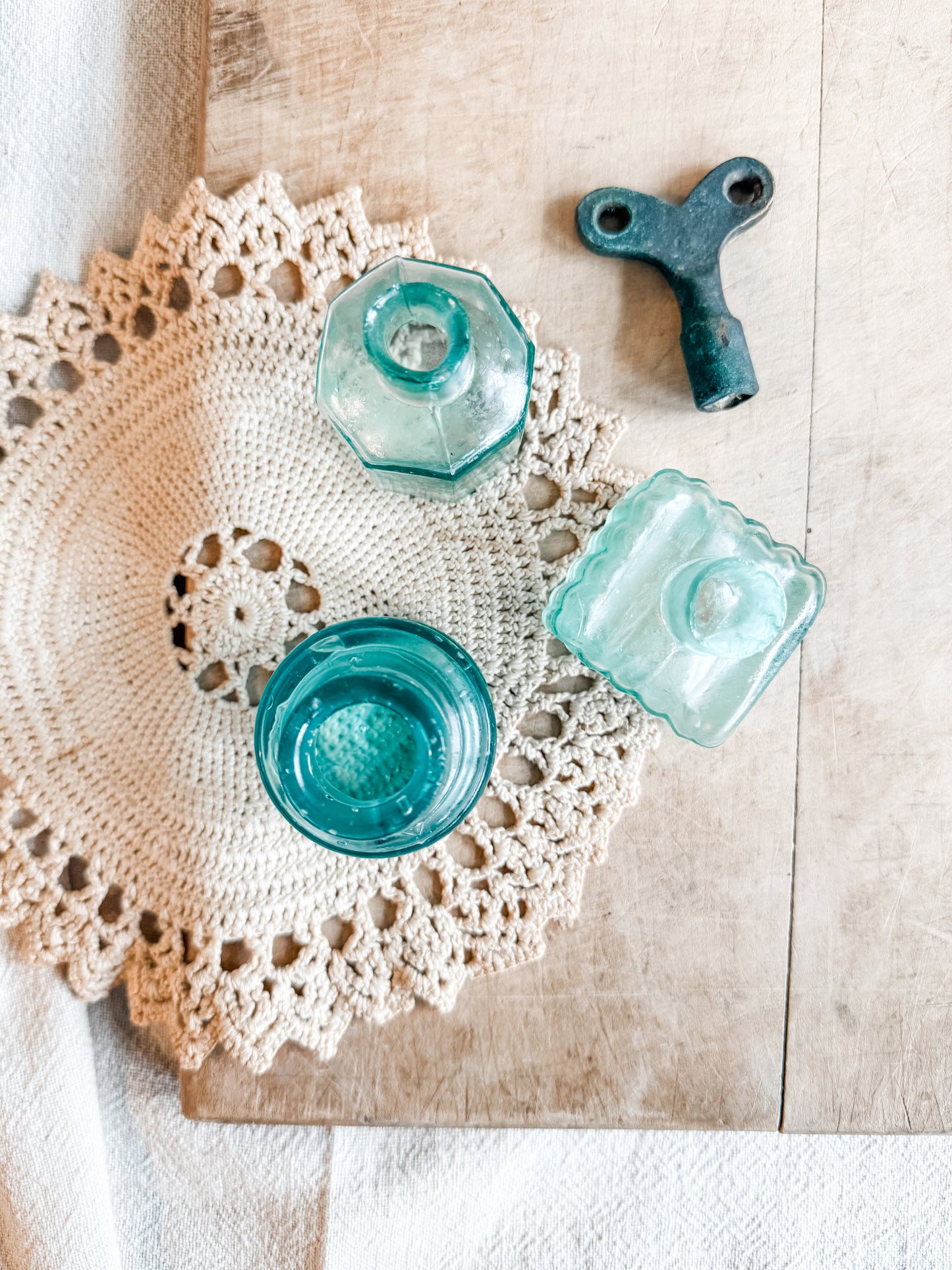 Antique Aqua Glass English Victorian Inkwells
