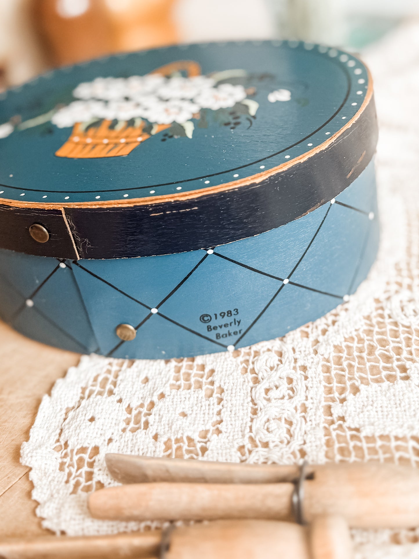 Painted Blue Bentwood Box with Daisy in Basket Design