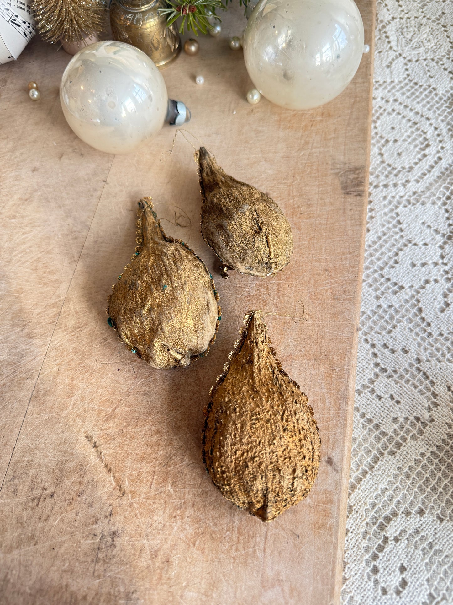 Set of 3 Vintage ornaments made out of milkweed pods
