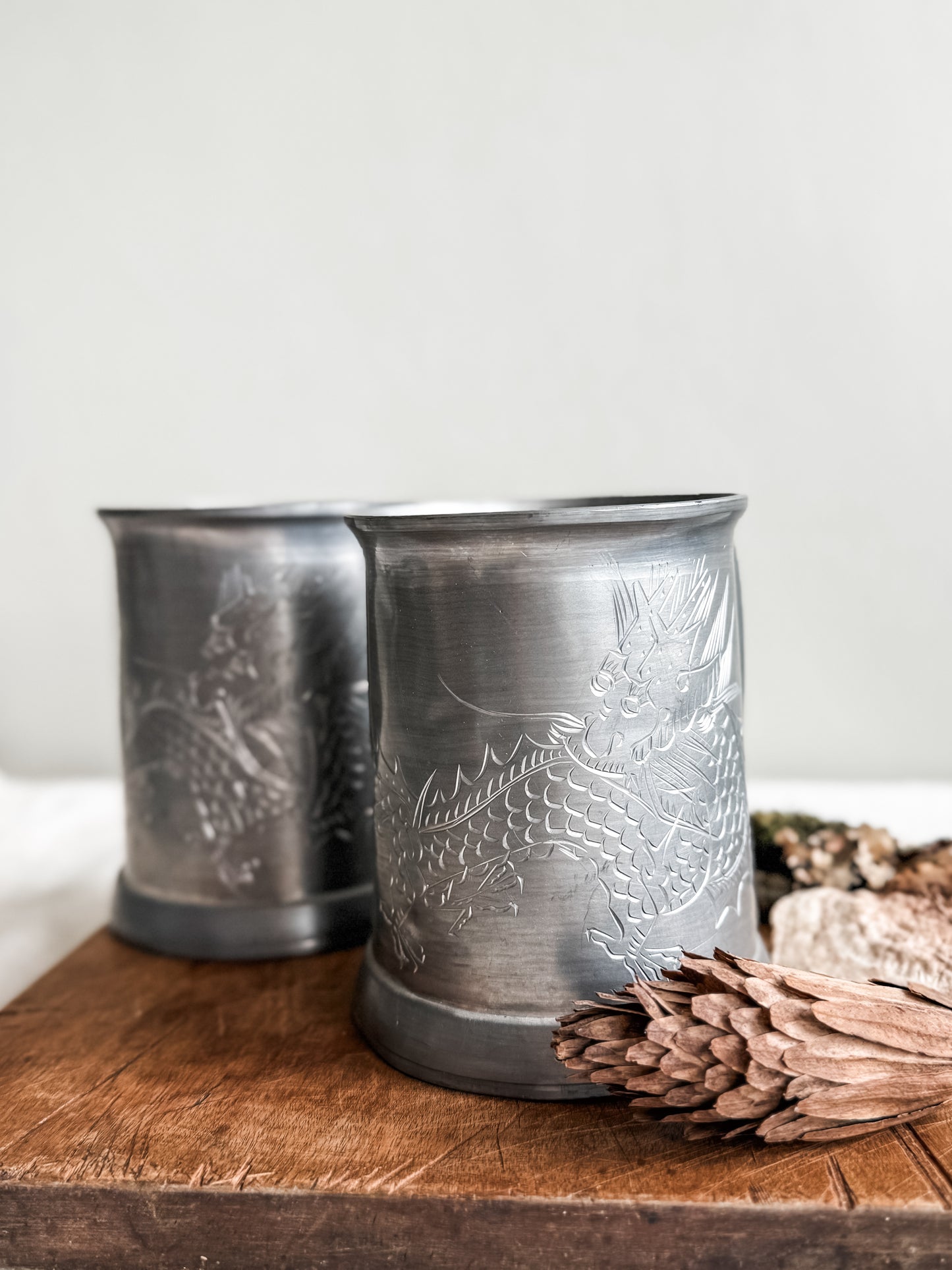 Pair of Pewter Dragon Steins