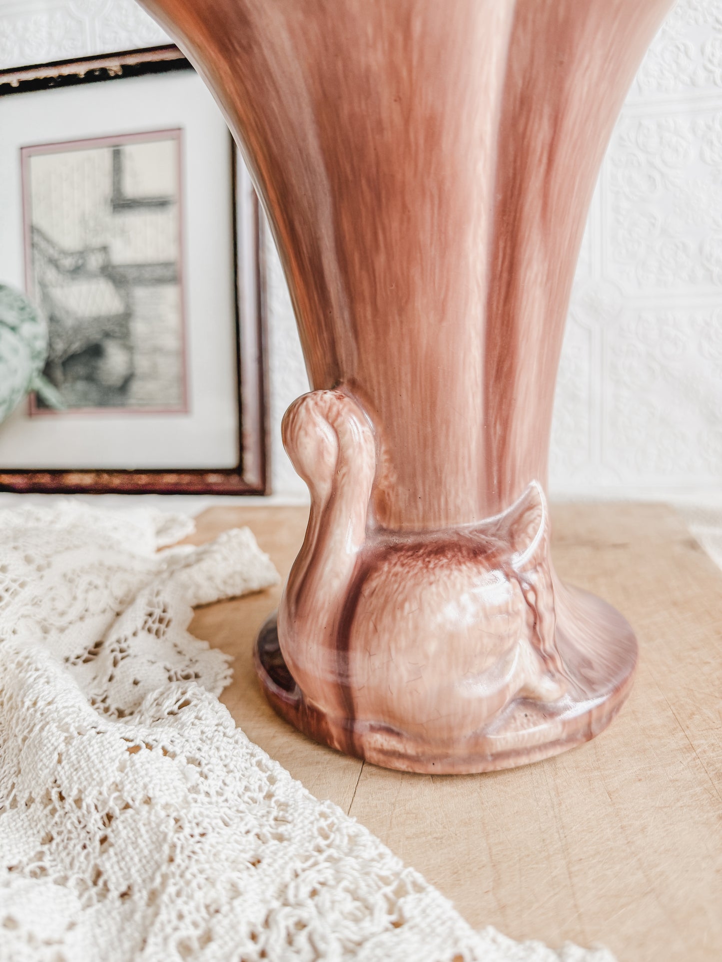 Gonder Double Swan Vase pottery vase in a beautiful dusty rose color