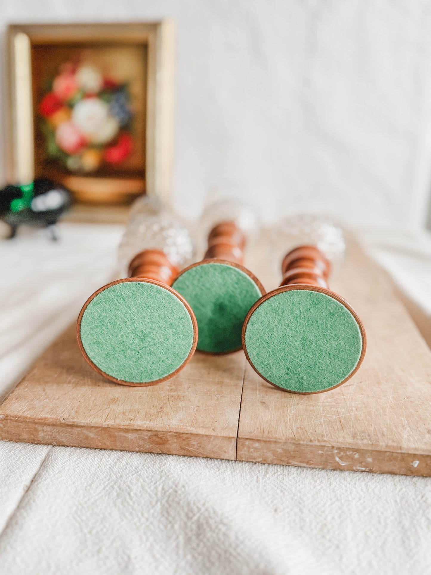 Three Wooden Candlesticks with Glass Votives Holders