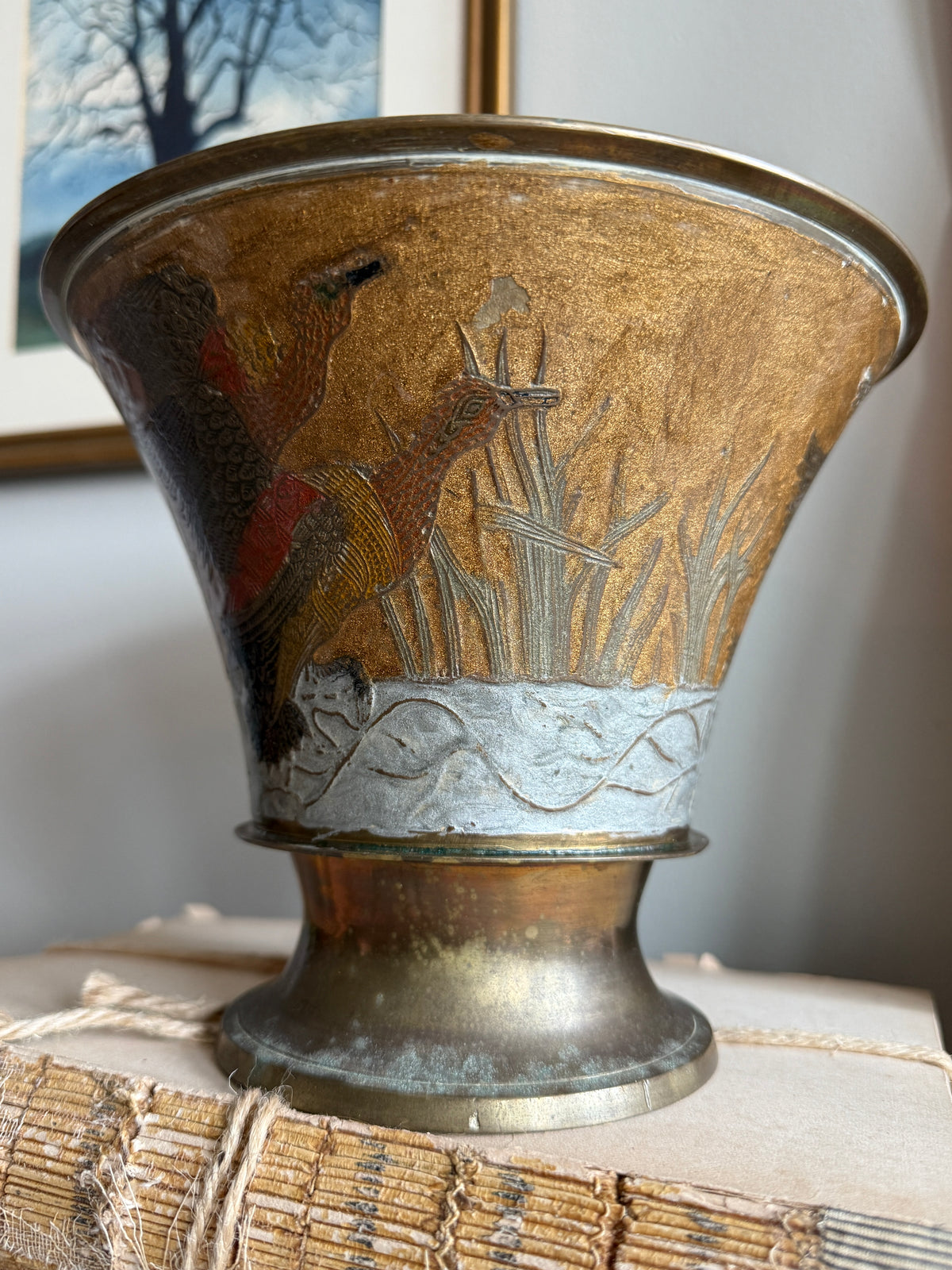 Large brass and enamel vessel with ducks