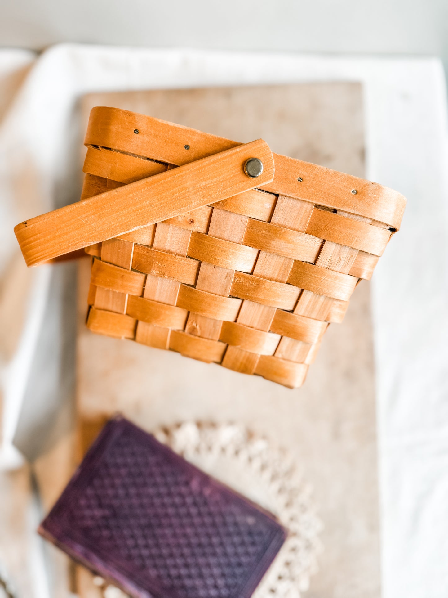 Vintage Square Handmade Handled basket