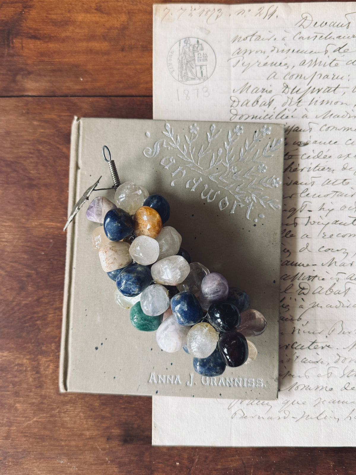 Mid Century semi precious gemstones grapes with silver leaf