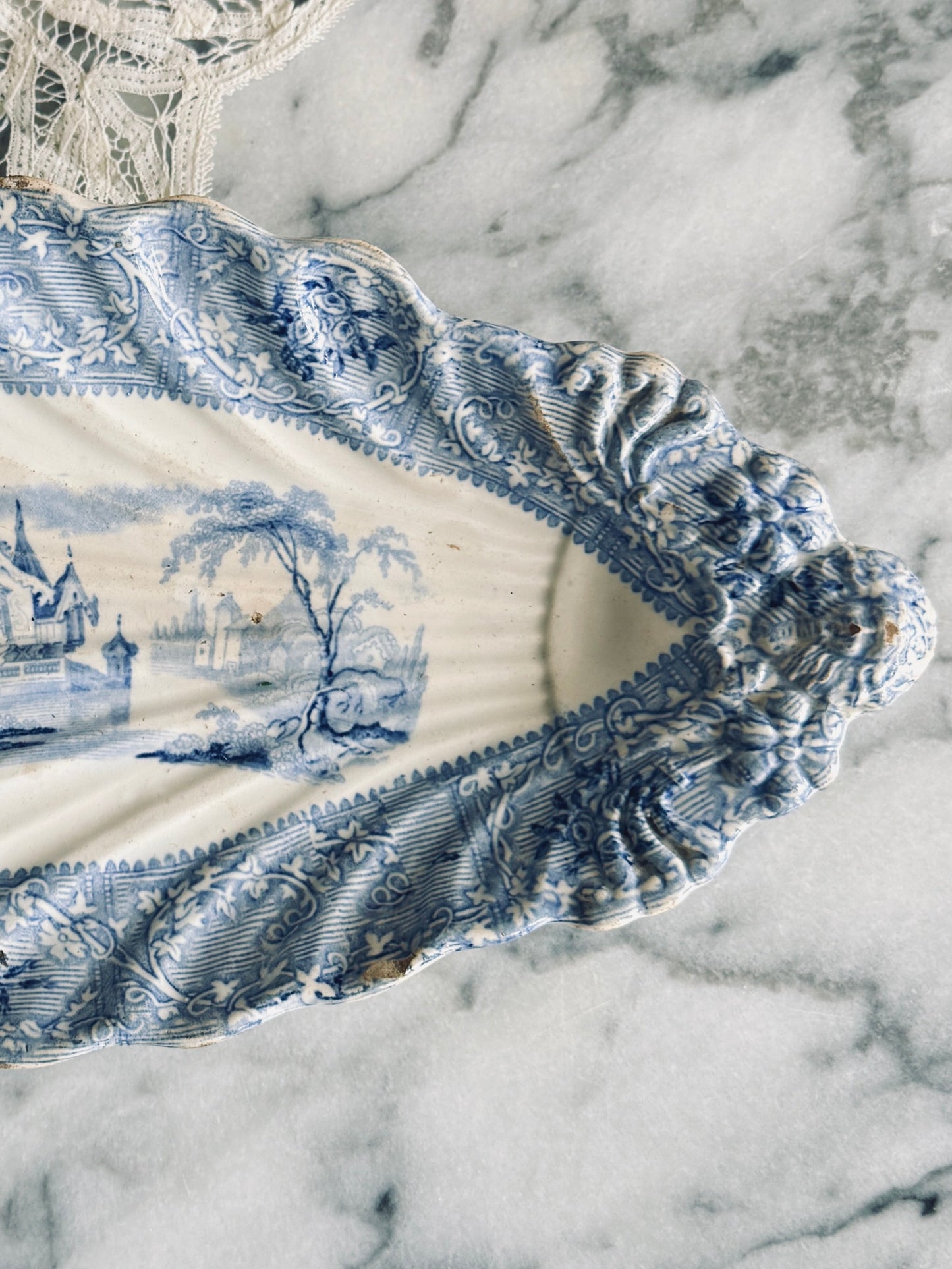 Antique blue and white transferware relish dish