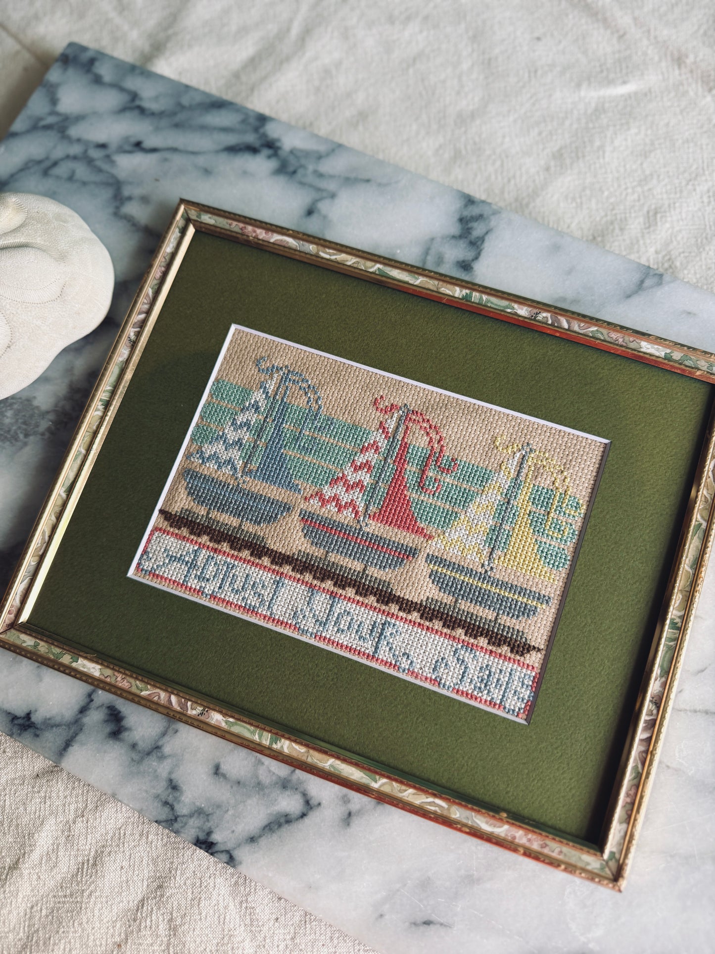 Framed Sailboat cross-stitch