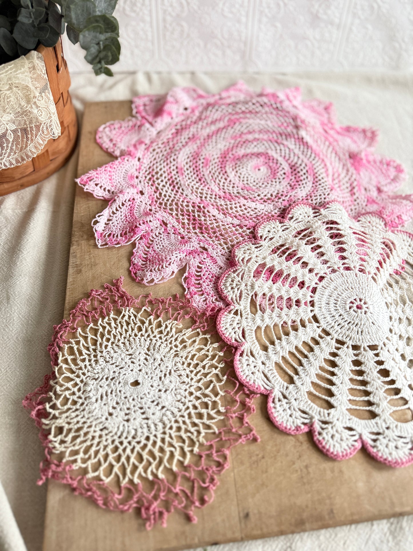 Set of 3 Pink and White doilies