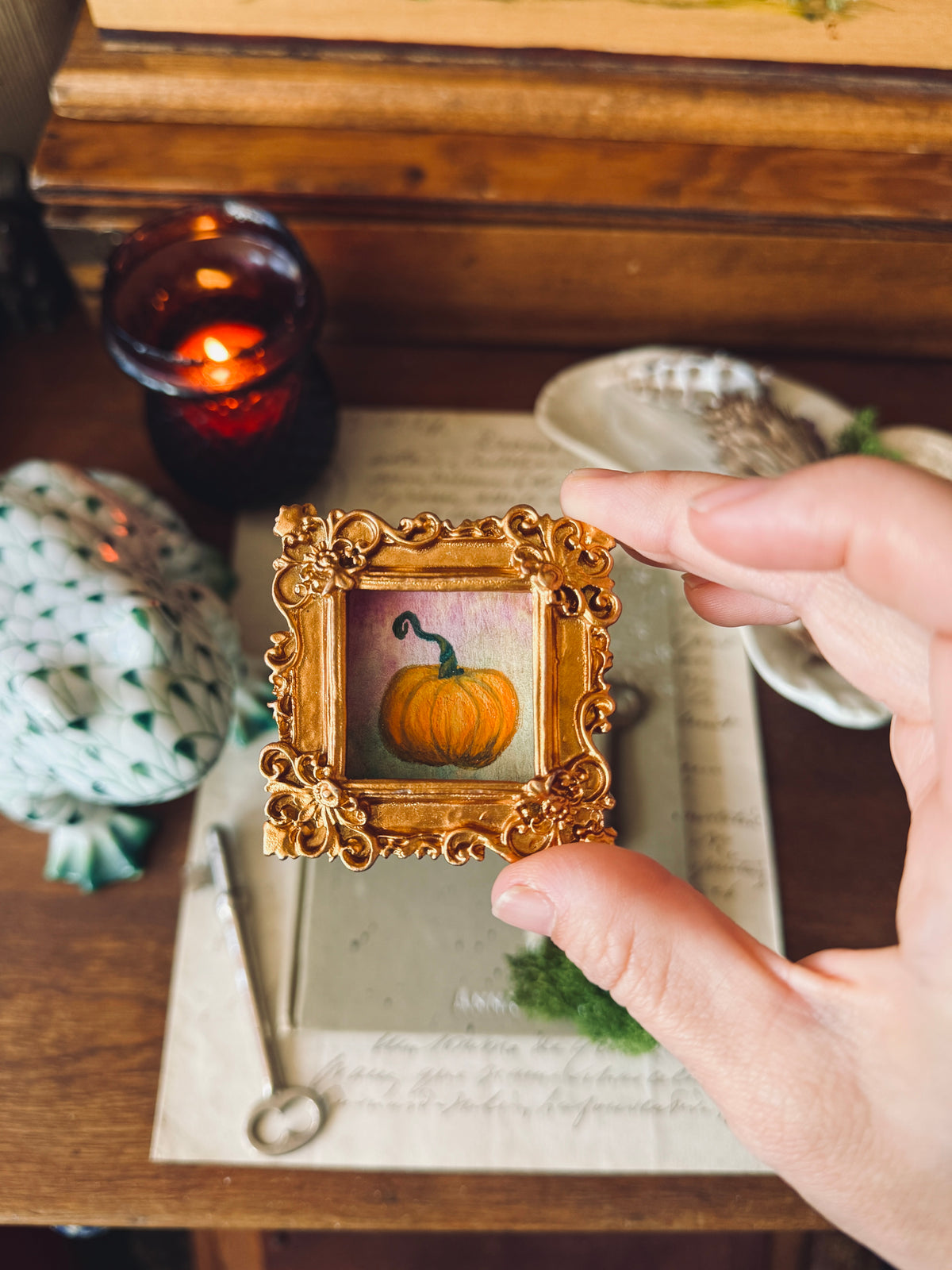 Mini pumpkin portrait in square gold resin frame