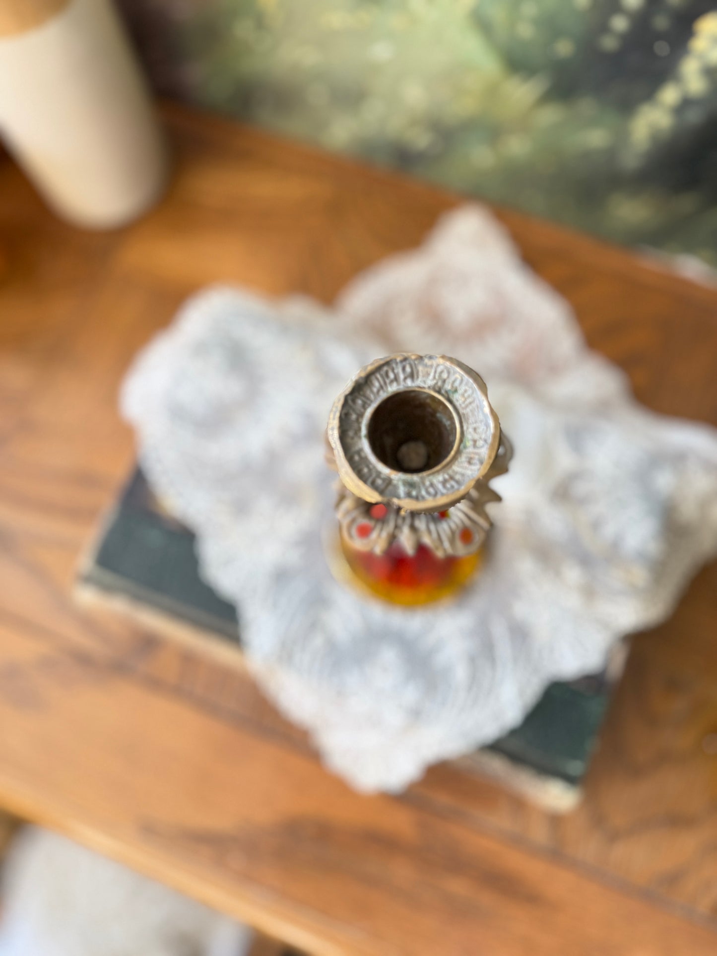 Small handpainted Amberina art nouveau style glass and brass candlestick holder