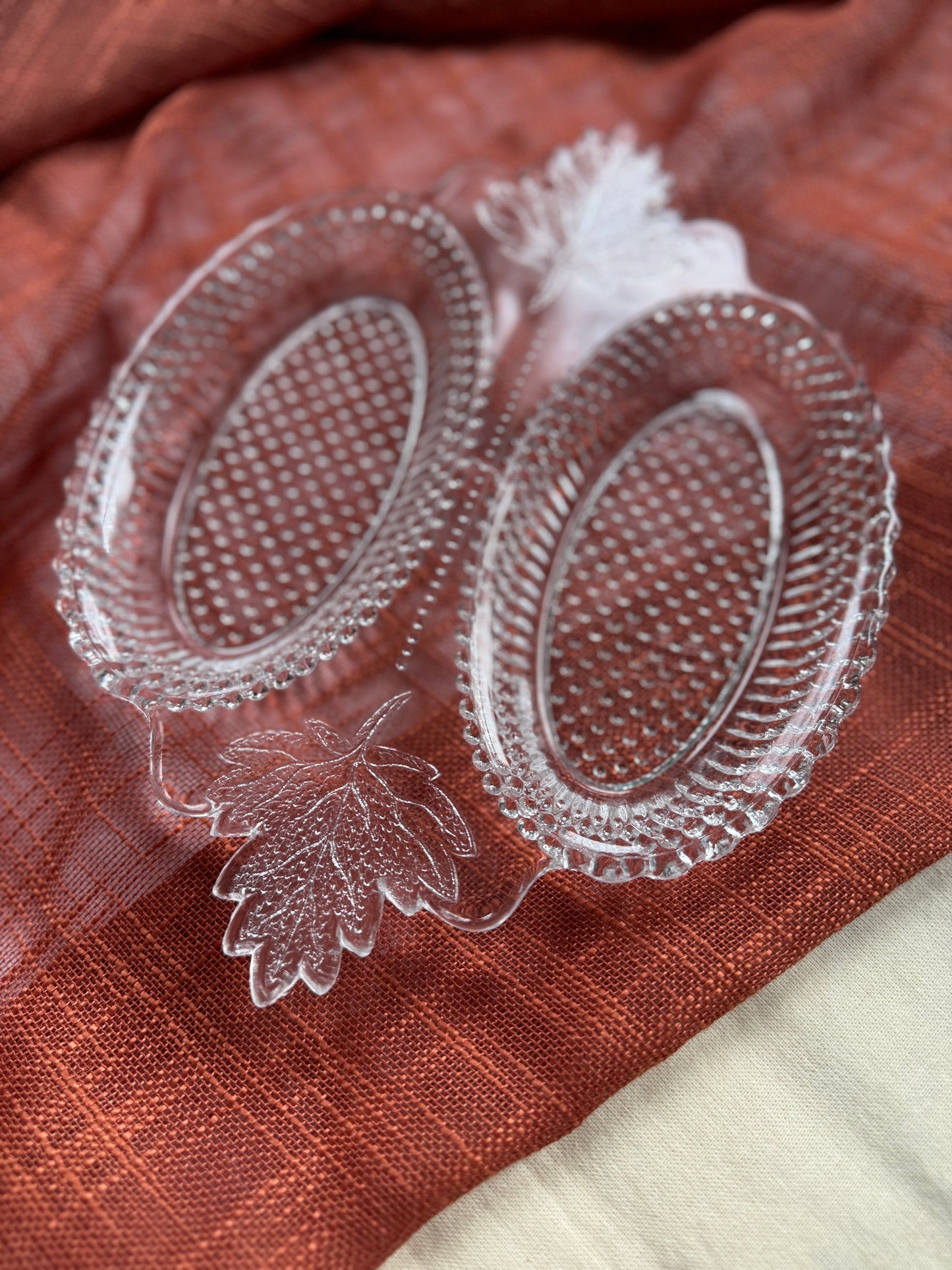 Pressed Glass relish/nut/candy dish with maple leaf handles