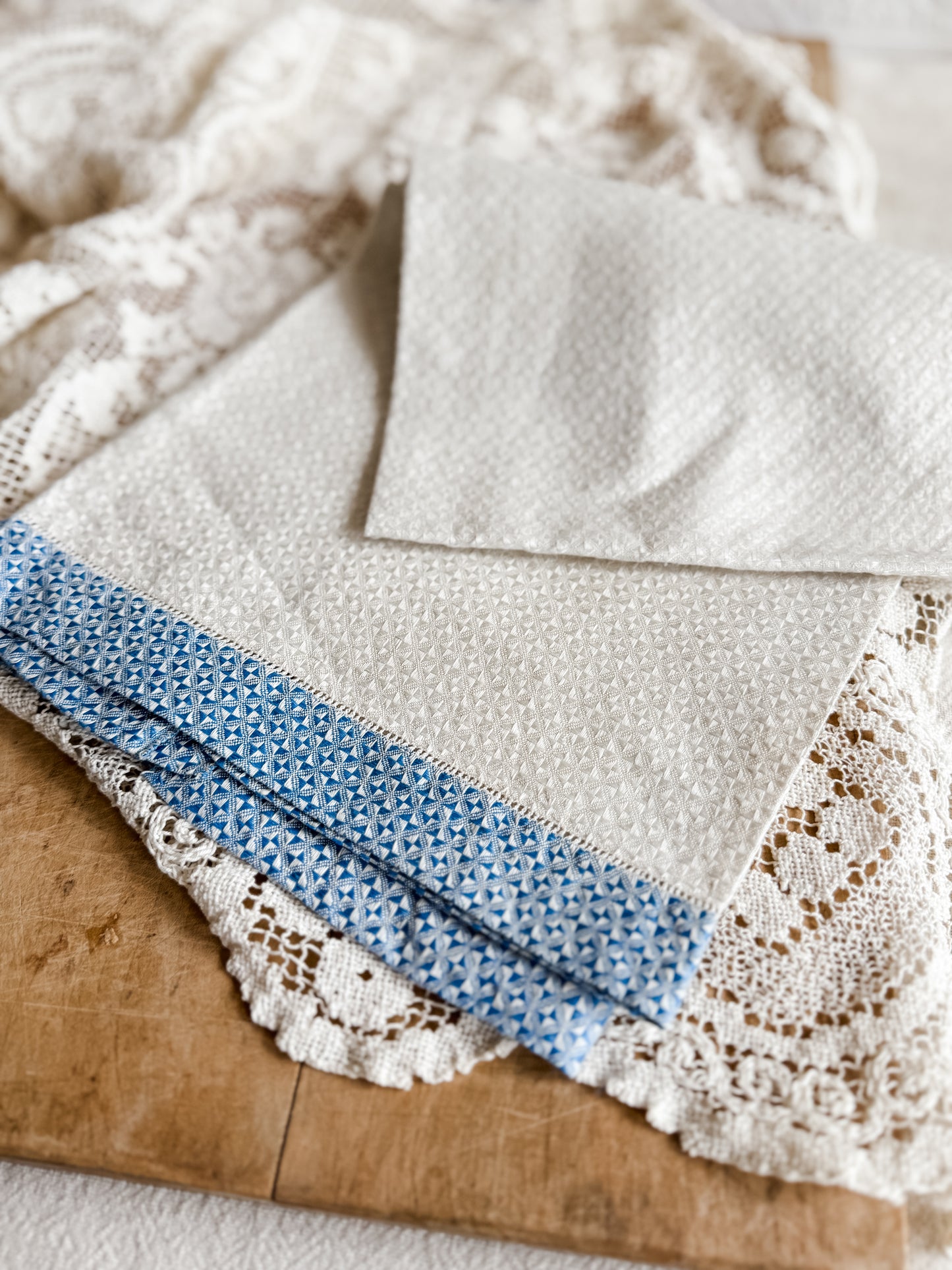 Vintage beige and blue linen guest towel