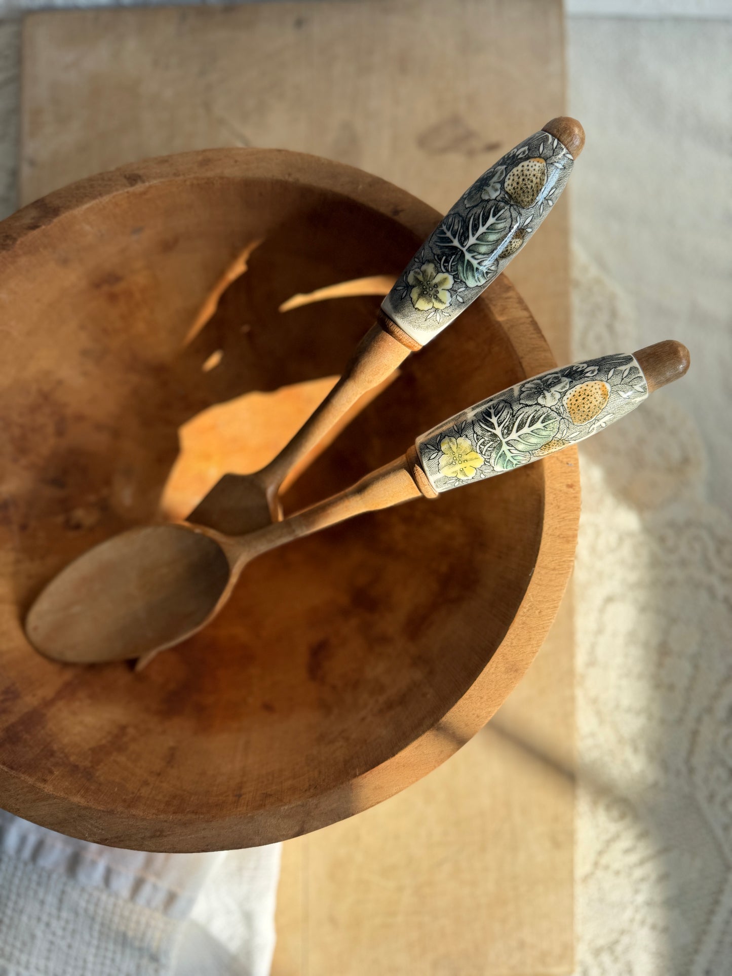Wooden salad serving fork and spoon with porcelain handles
