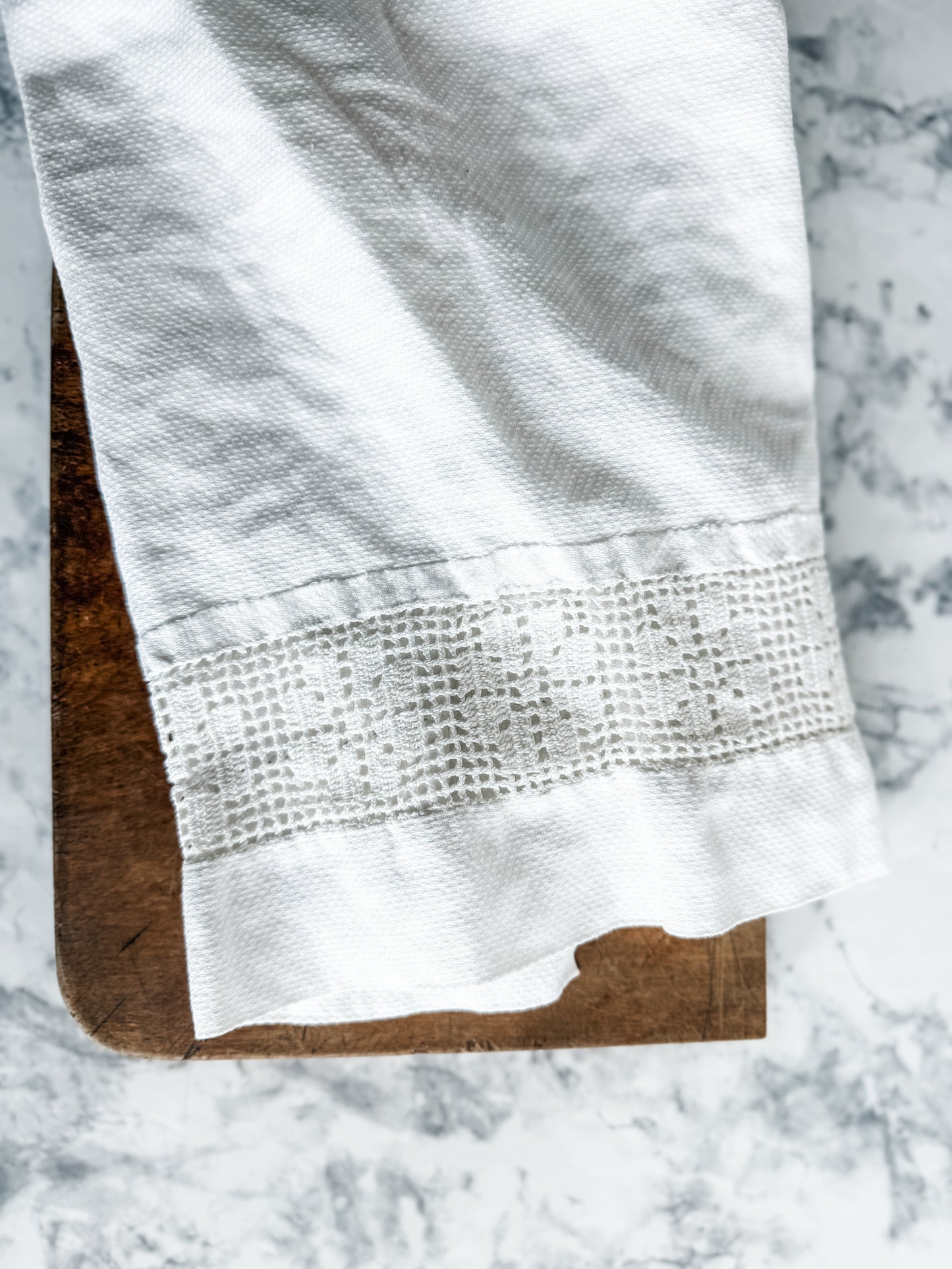 Vintage White cotton towel with crocheted/woven motif