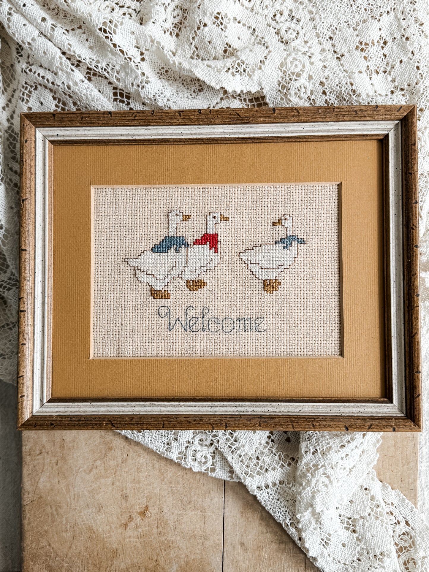 Handmade Cross stitched Welcome Goose Sign