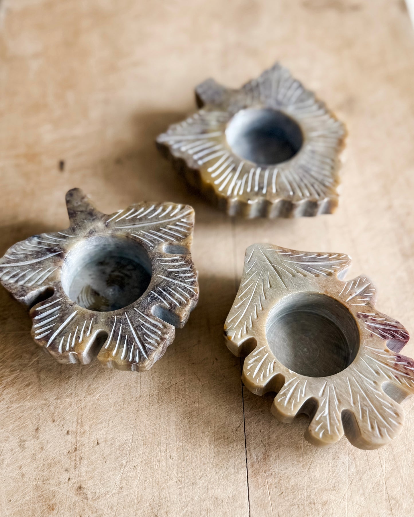 Set of Three Soapstone Leaf Shaped tea light holders