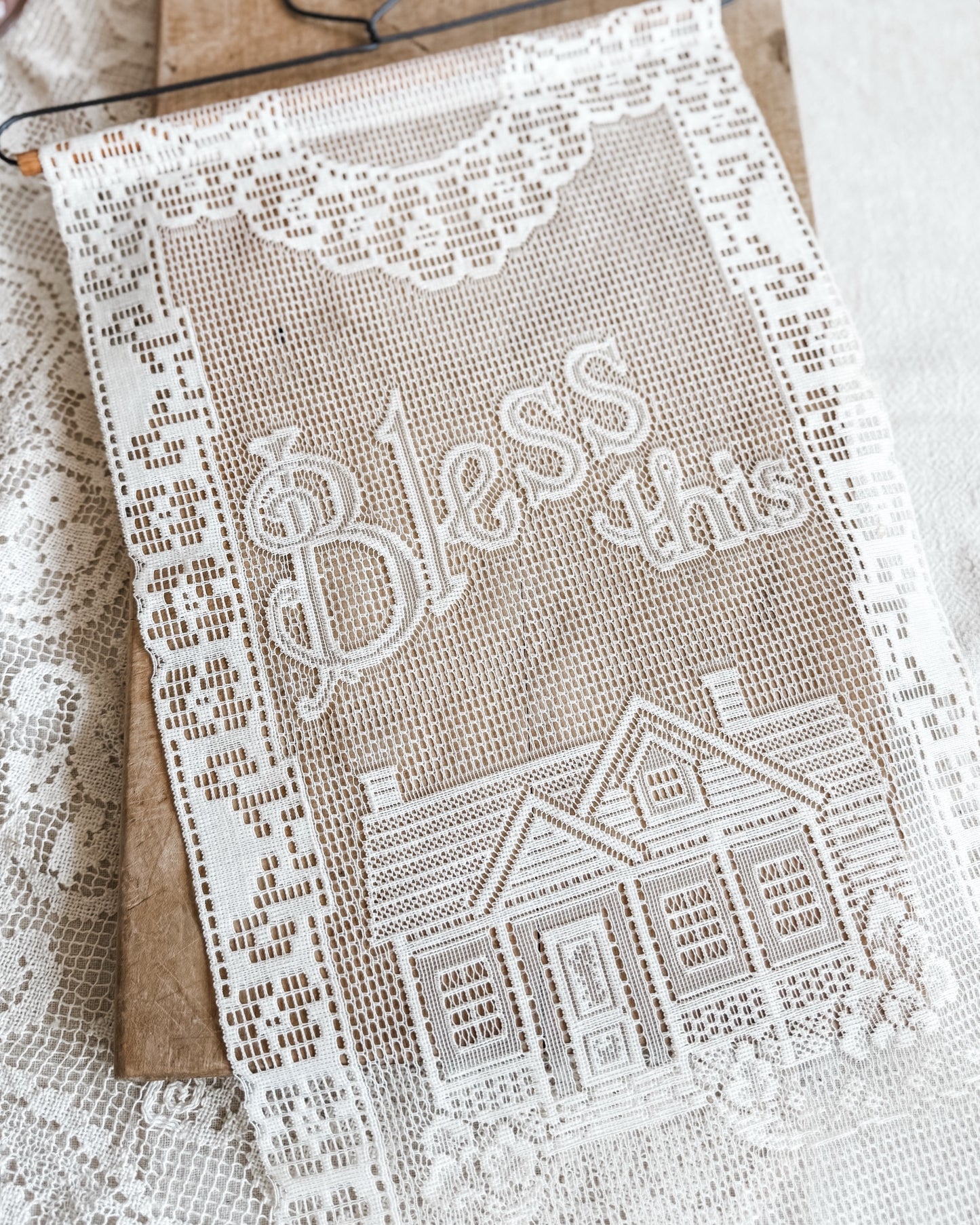White lace wall hanging, Bless This Home