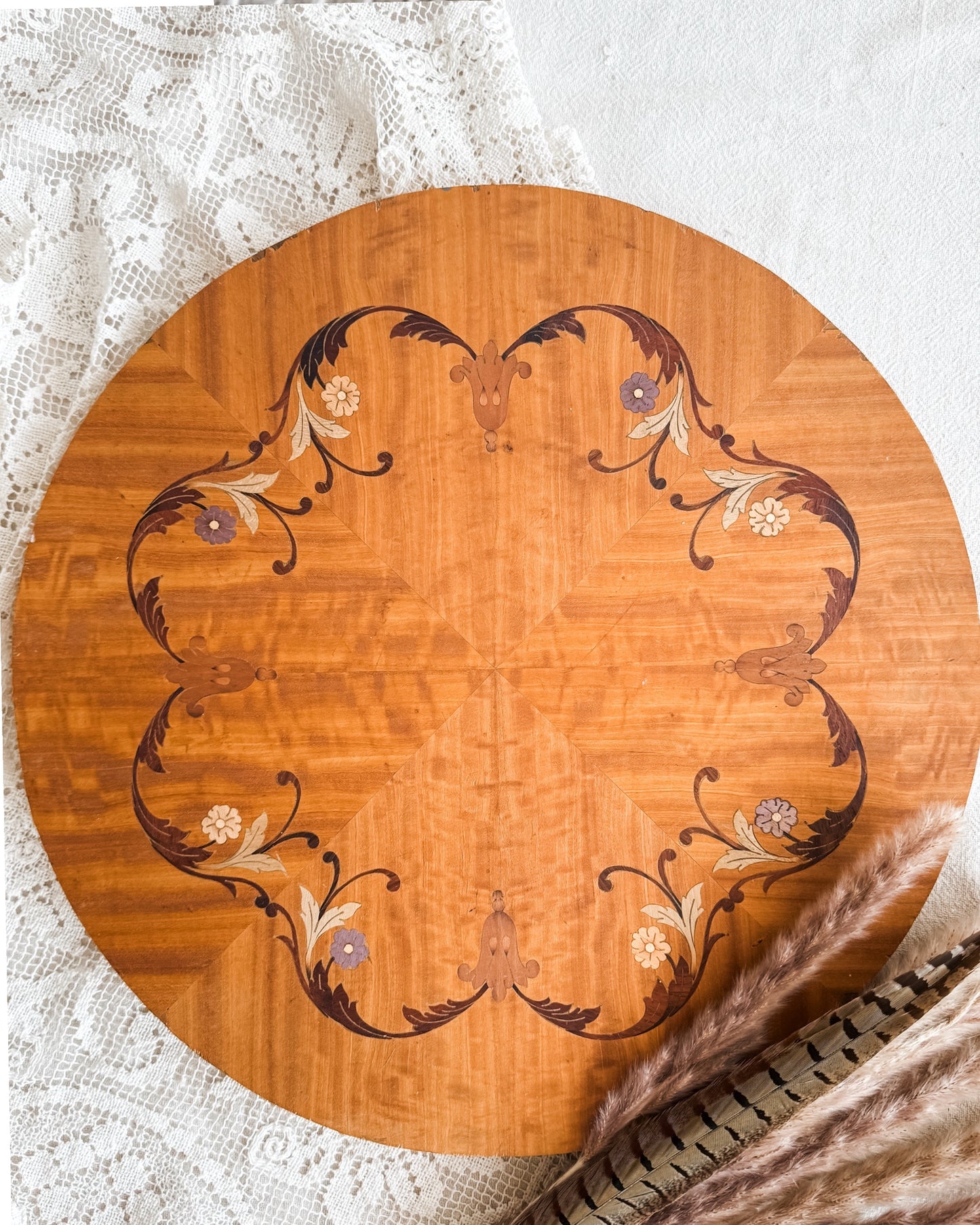 Decorative Wooden Circle with Floral Inlay