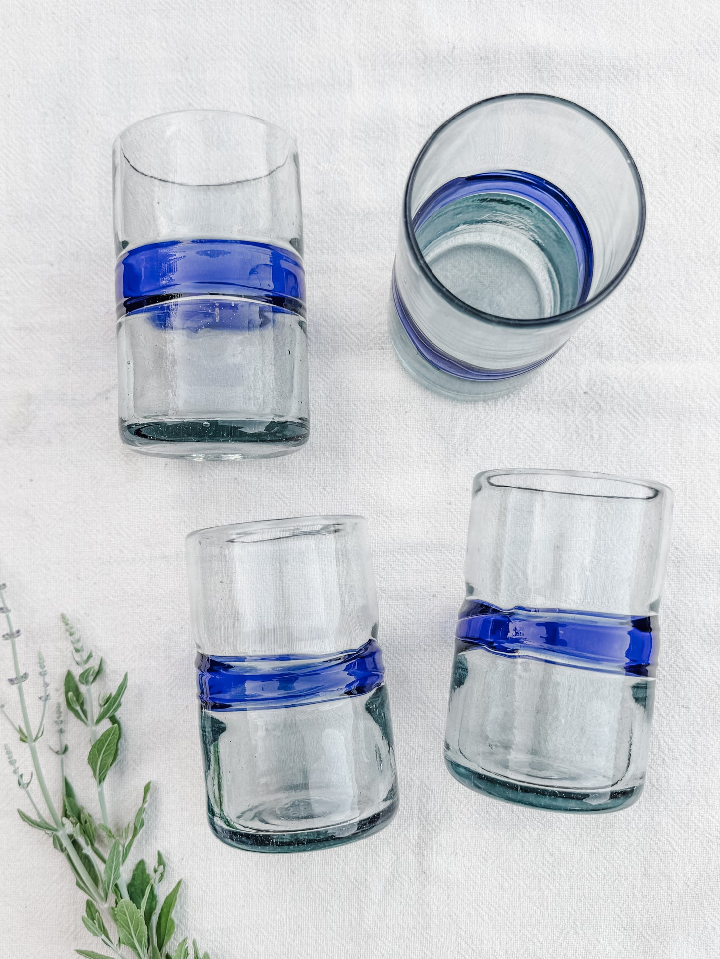 Set of 4 Hand blown Mexican glasses with Blue accent