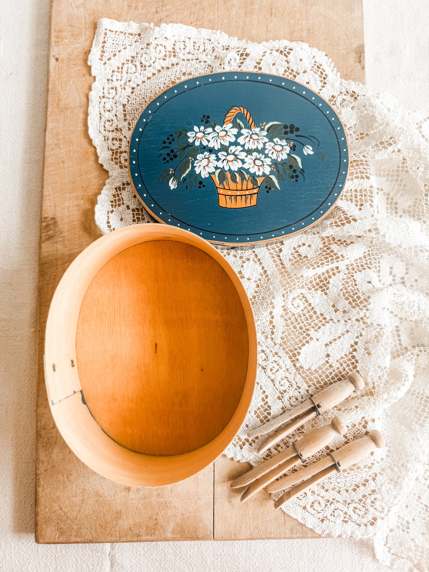 Painted Blue Bentwood Box with Daisy in Basket Design