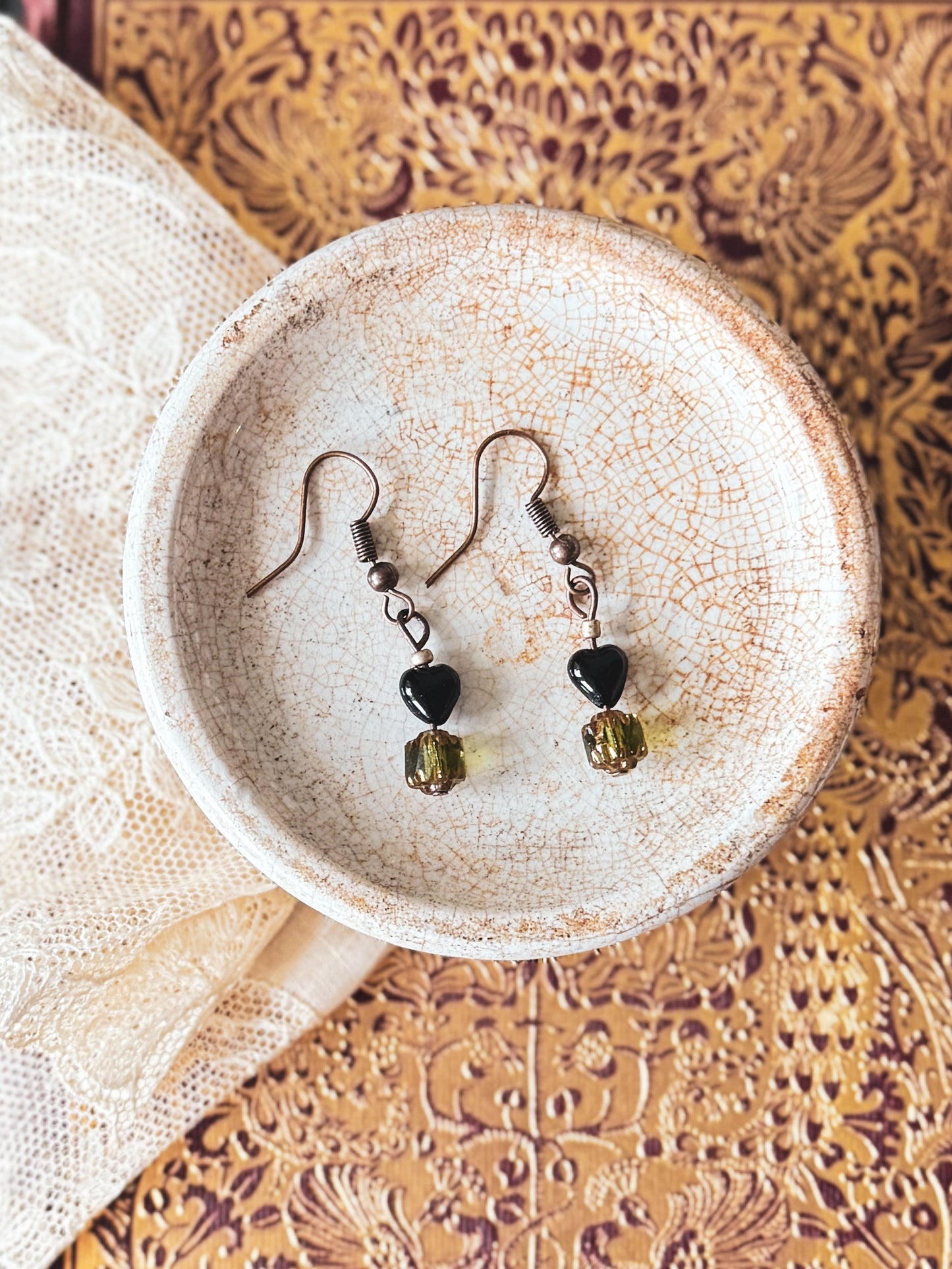 Green, Gold and Black Glass Beaded Earrings