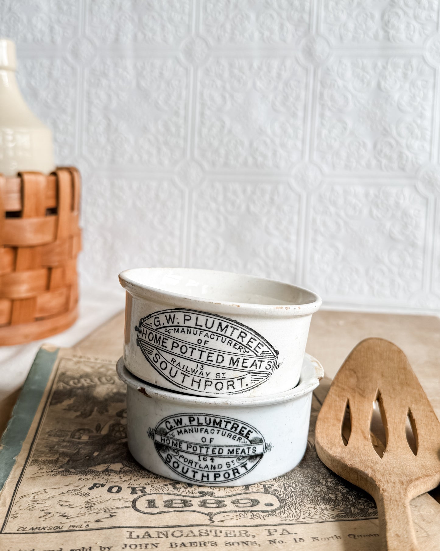 English Victorian Ironstone advertising pots for G. W. Plumtree Potted Meat