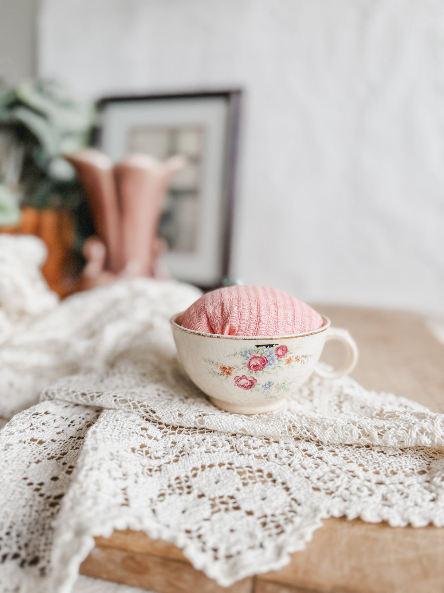 Handmade Teacup Pincushion from Vintage Teacup and Vintage Fabric
