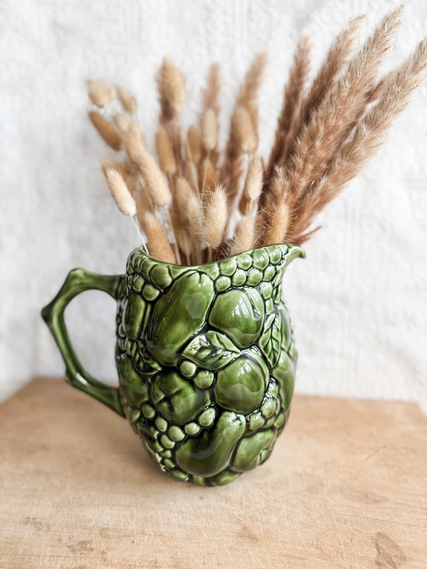 Green Ceramic Vase with Fruit Motif