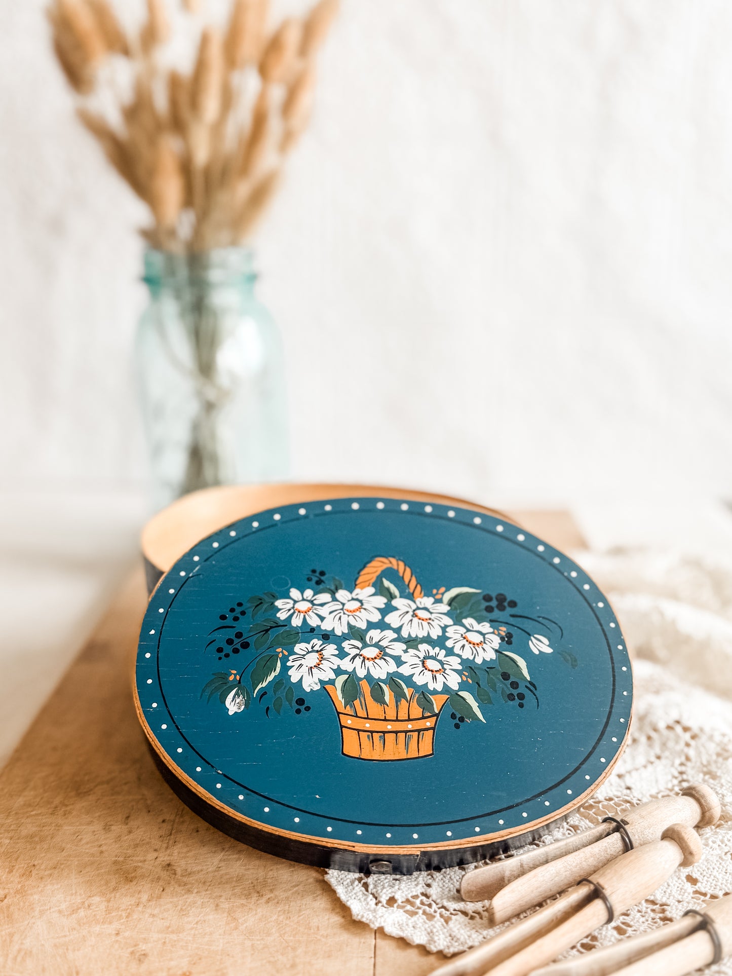 Painted Blue Bentwood Box with Daisy in Basket Design