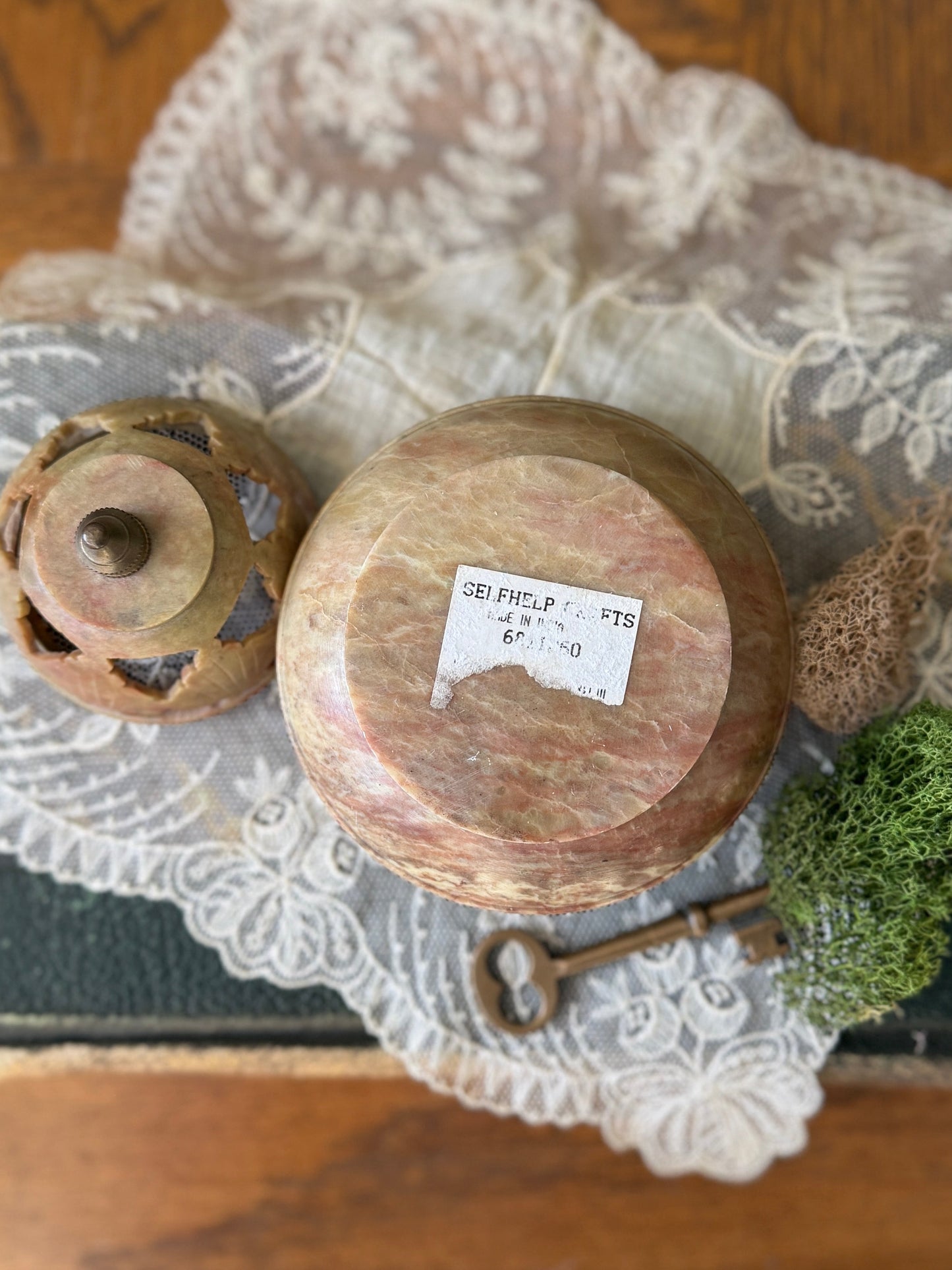 Soapstone incense holder with brass finial