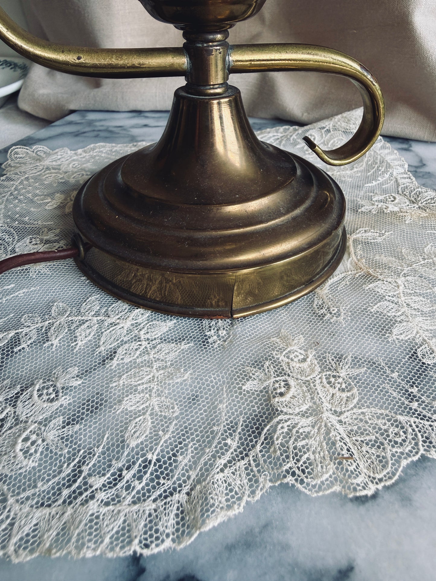 Brass lamp with handpainted milk glass globe