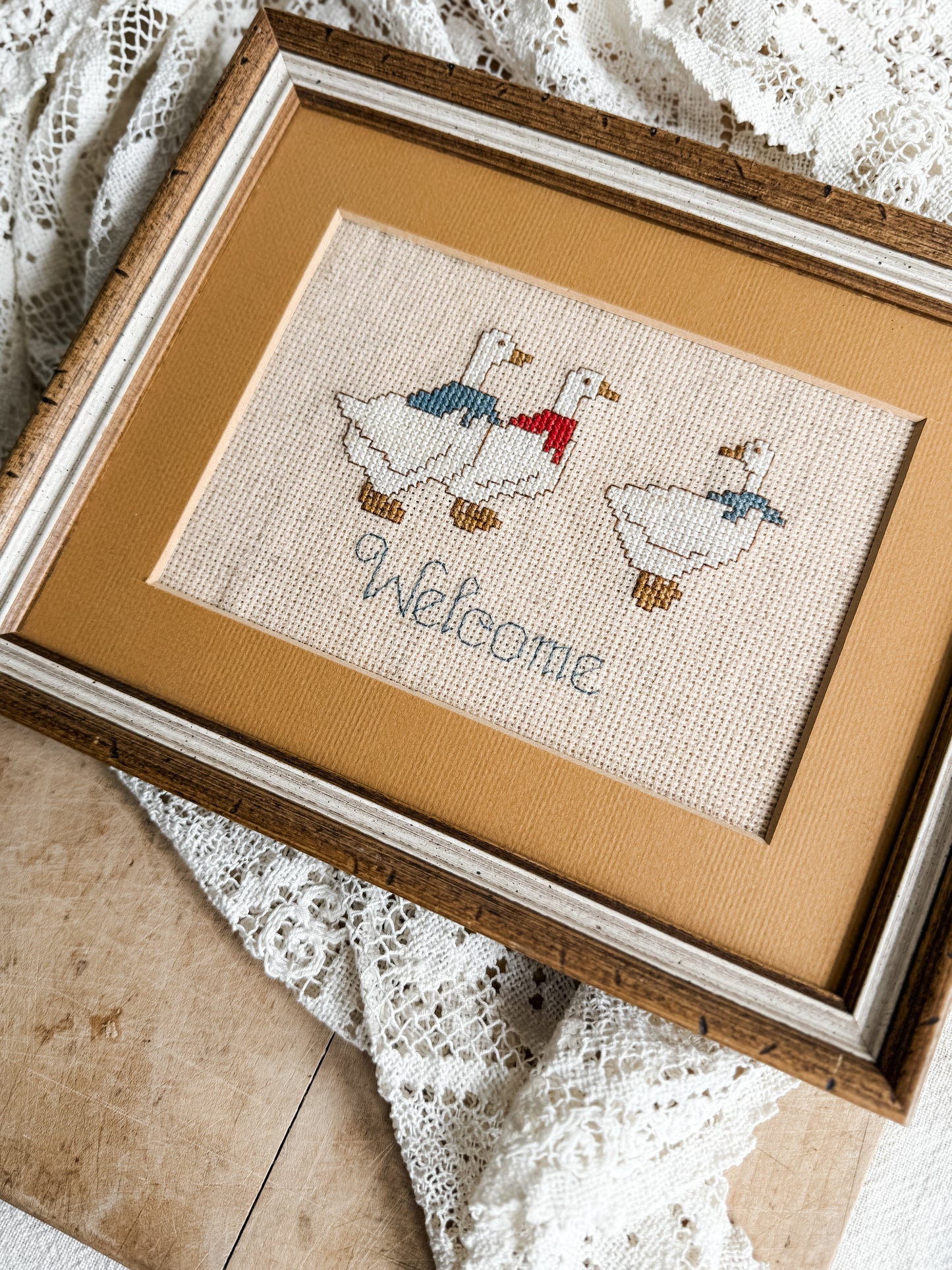 Handmade Cross stitched Welcome Goose Sign