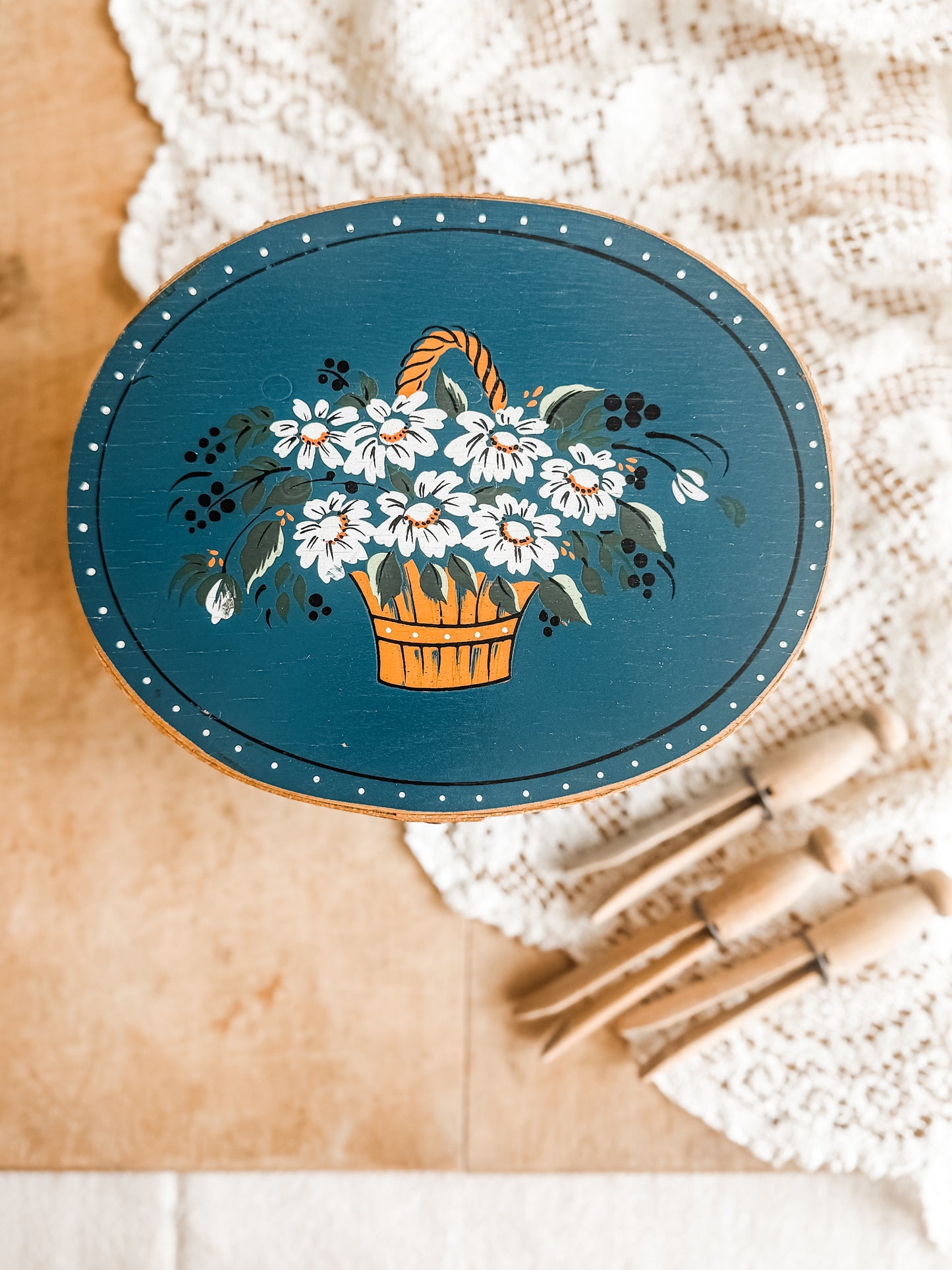 Painted Blue Bentwood Box with Daisy in Basket Design