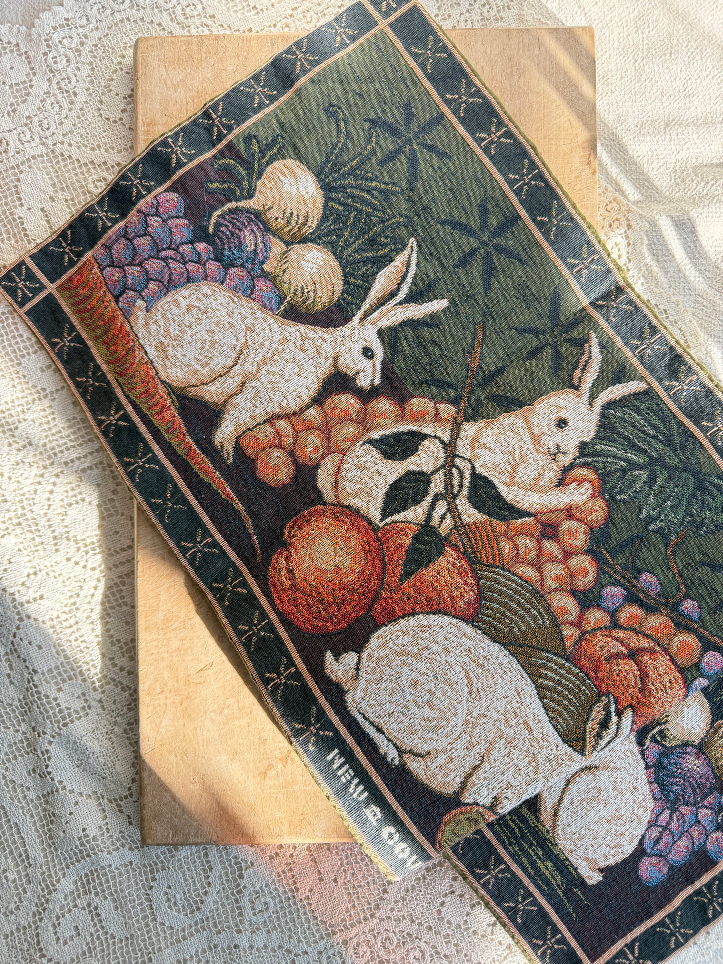 Bunny and produce table tapestry table runner