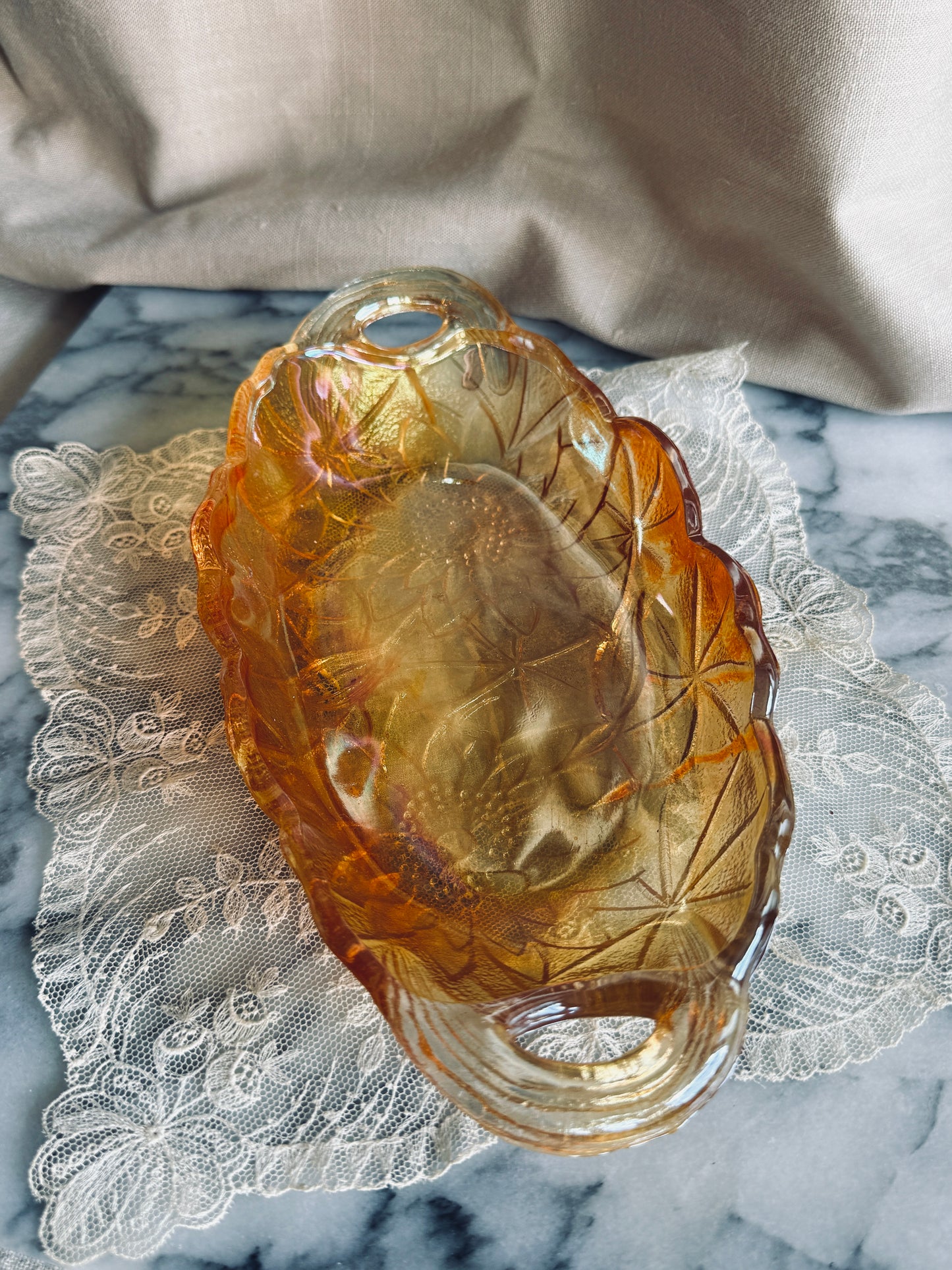 Indiana glass handled dish with florals