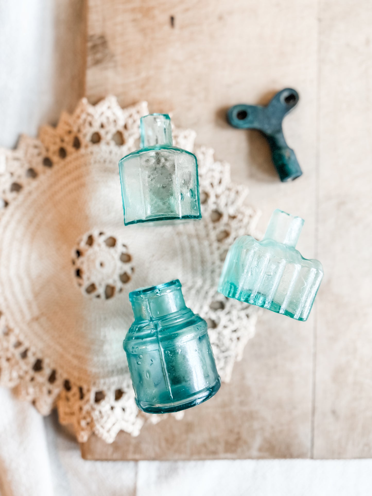 Antique Aqua Glass English Victorian Inkwells