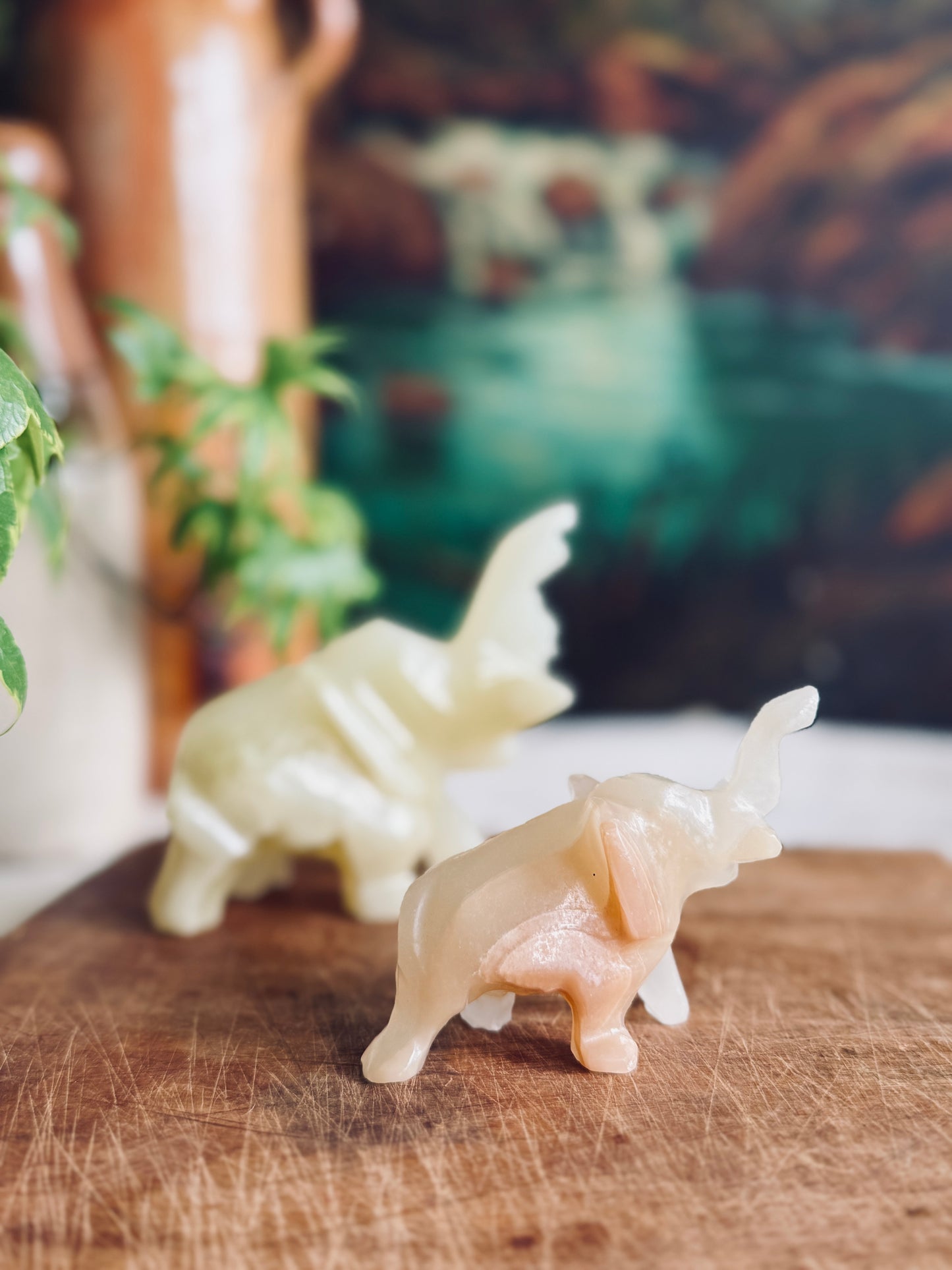 Pair of vintage onyx hand carved stone elephants