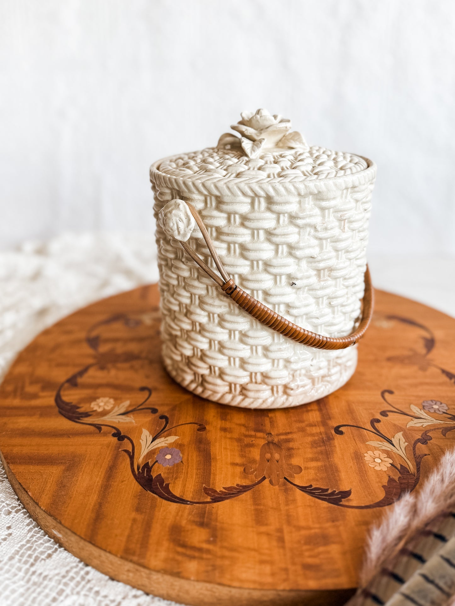 Ceramic biscuit jar, basket weave pattern with rattan handle