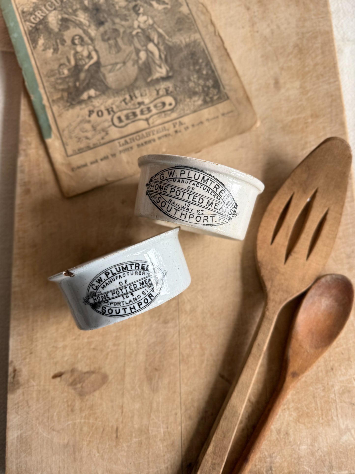 English Victorian Ironstone advertising pots for G. W. Plumtree Potted Meat