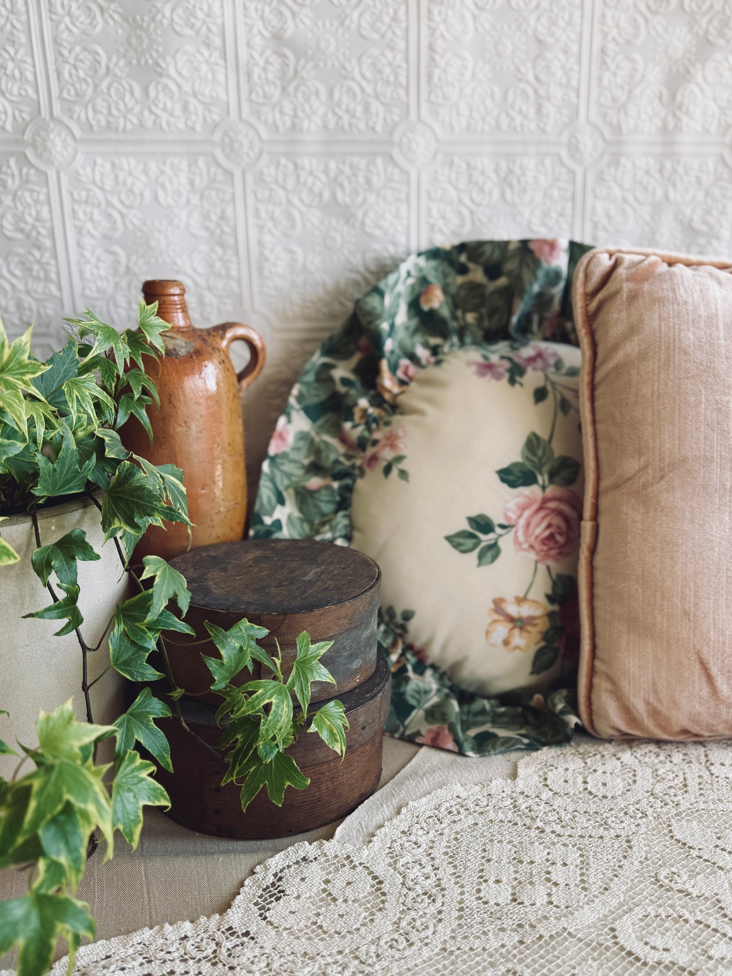 Vintage Round Ruffled Floral Pillow