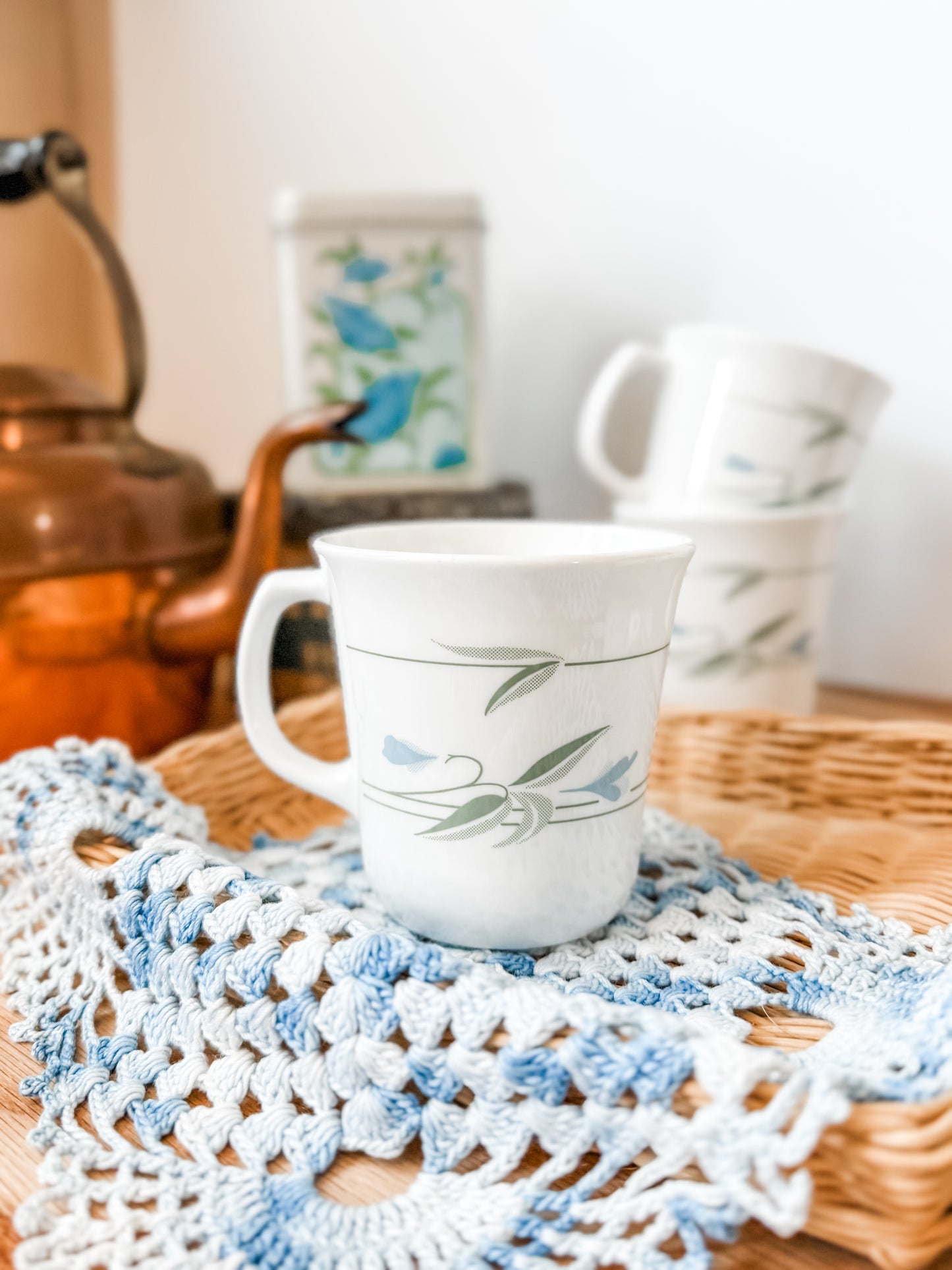 Set of 6 Blue Wreath Corelle Mugs | Shop Sustainable Antiques/Vintage Boutique | Traditional Home Decor