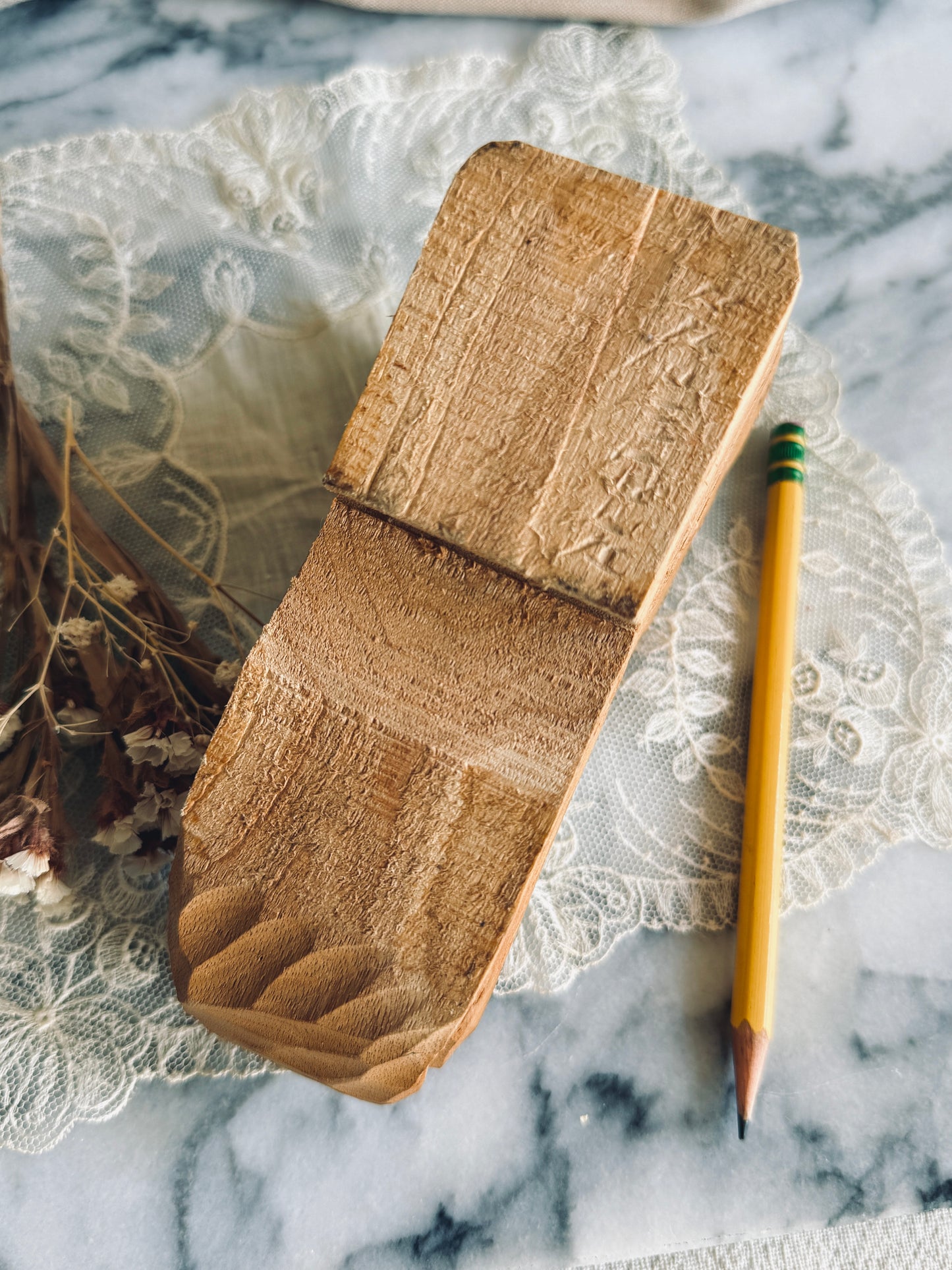 Hand carved wooden shoe pencil holder