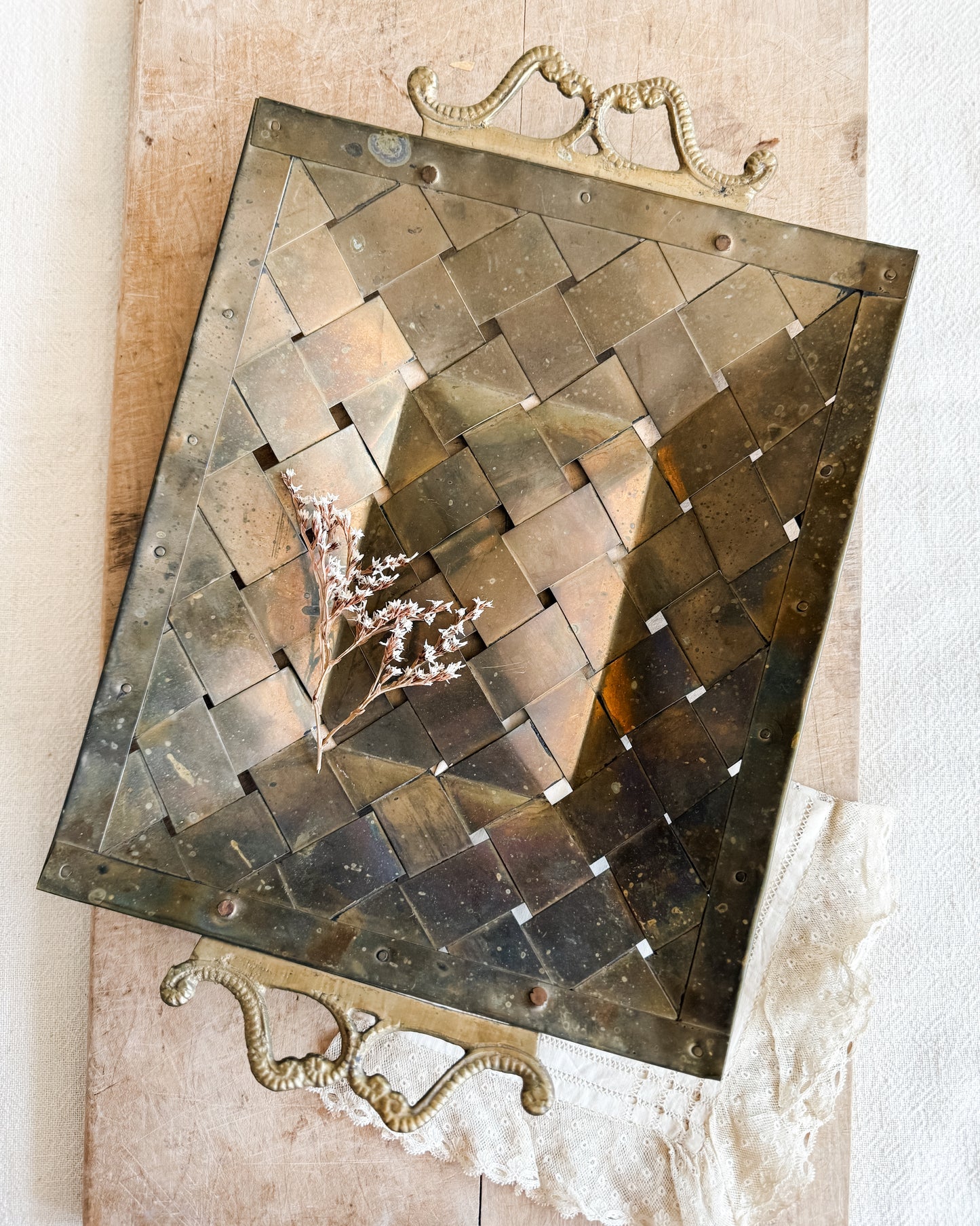 Woven Brass Metal Tray with ornate Handles