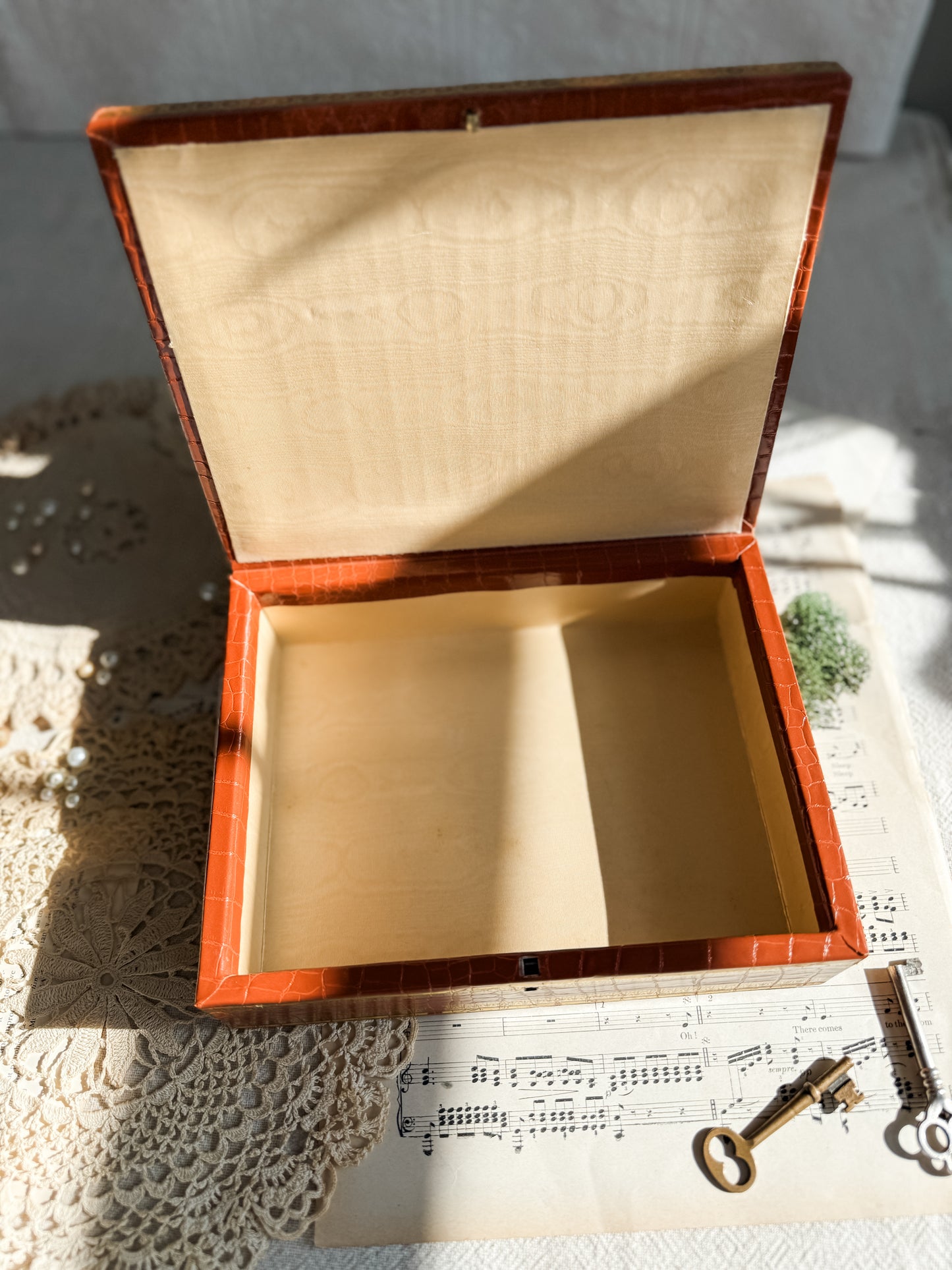 Faux Leather covered jewelry box with fabric insert of a portrait of a woman