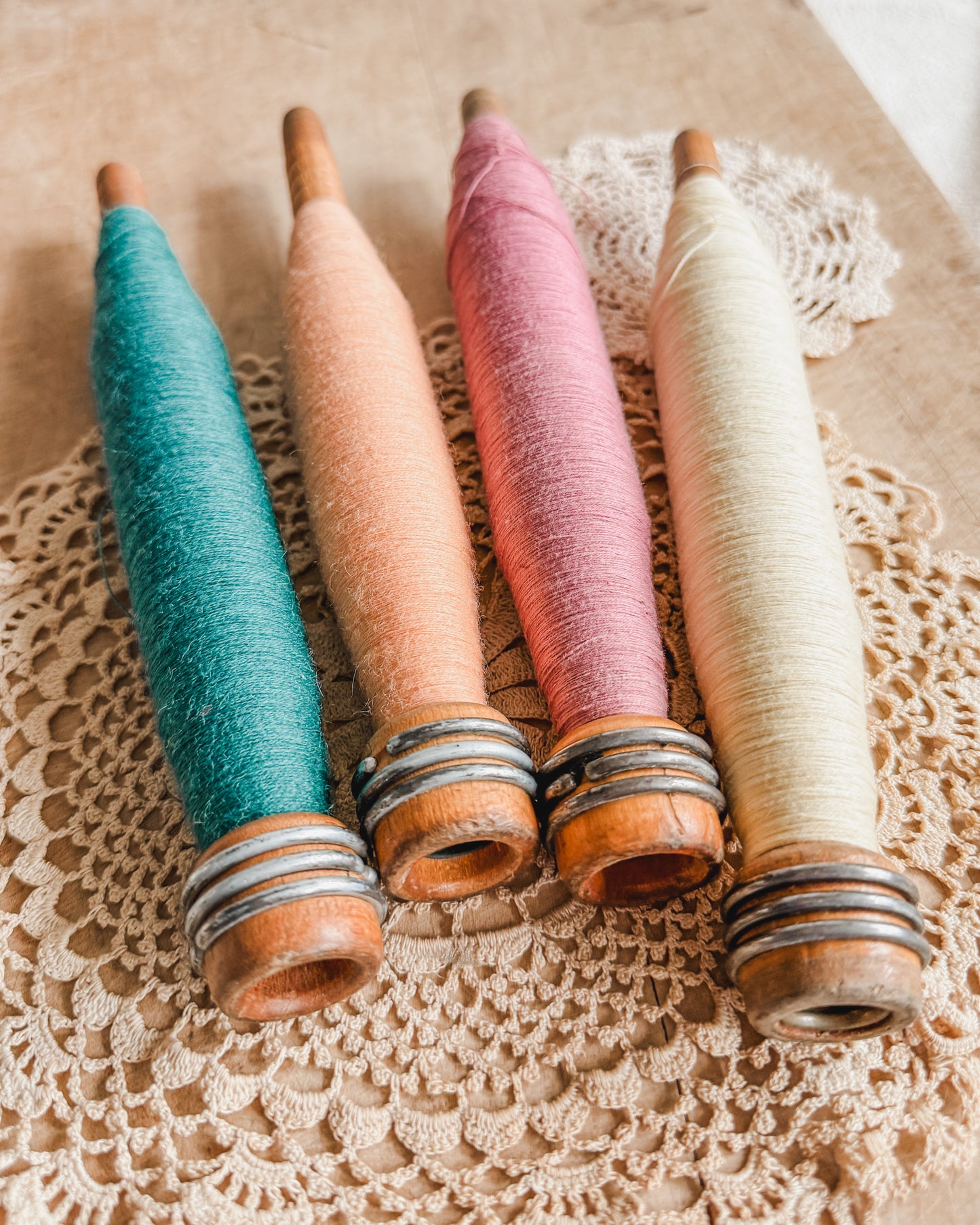 Set of 4 Vintage wooden yarn spindles or bobbins