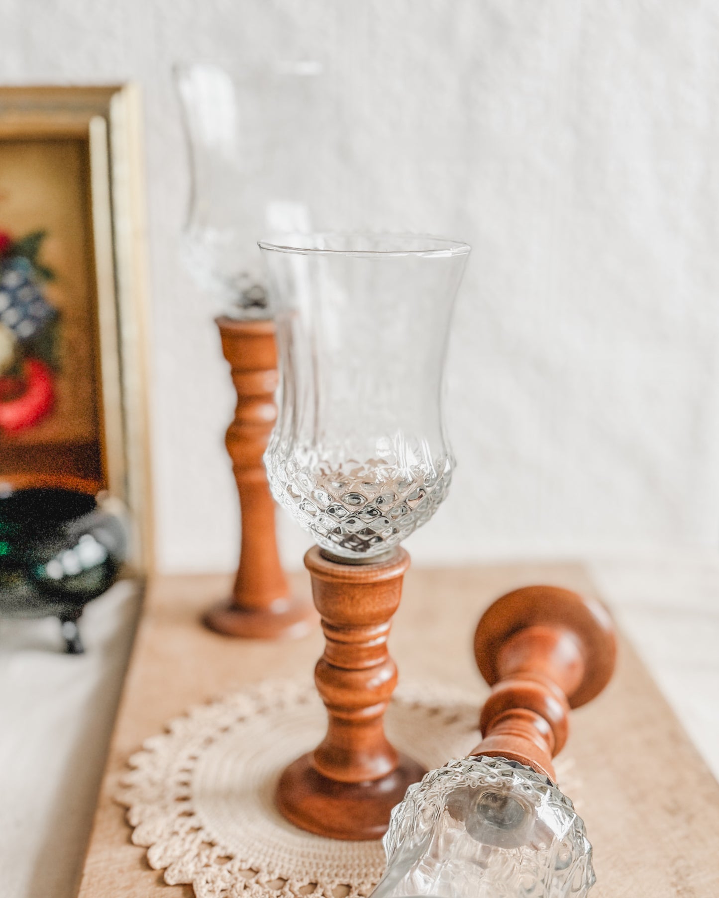 Three Wooden Candlesticks with Glass Votives Holders