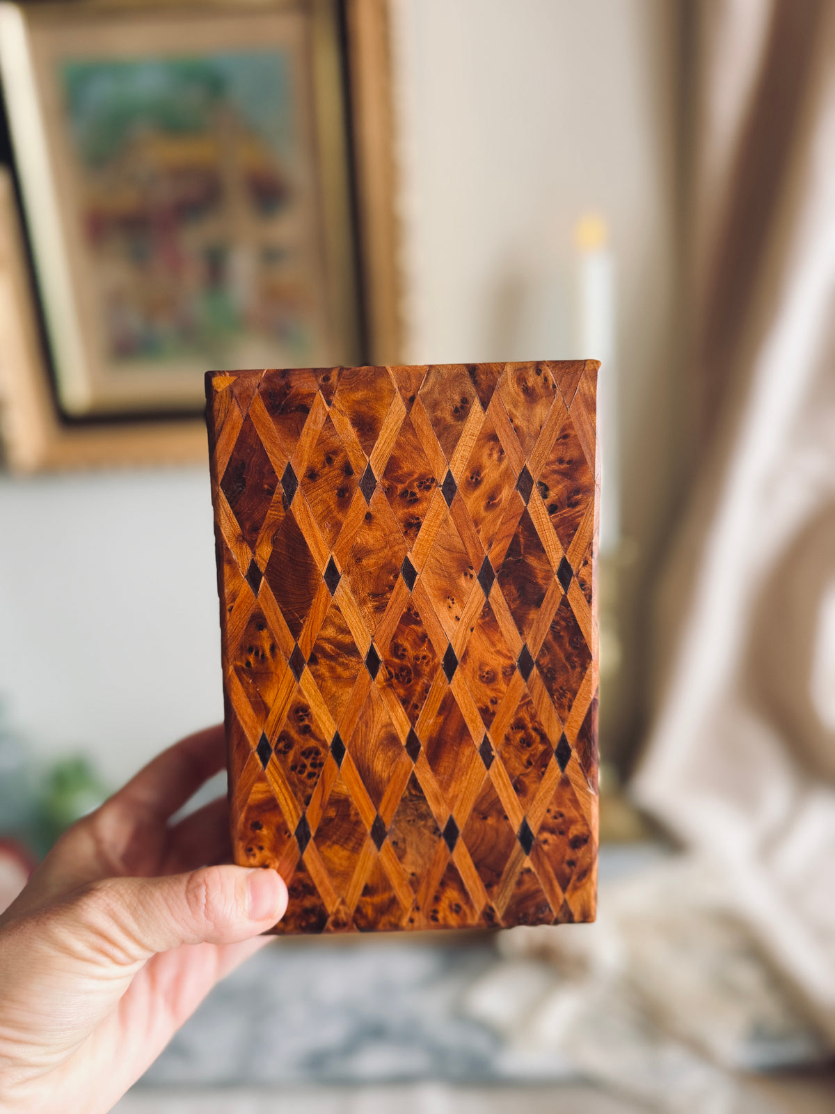 Handcrafted wooden burl wood box with intricate inlay lid