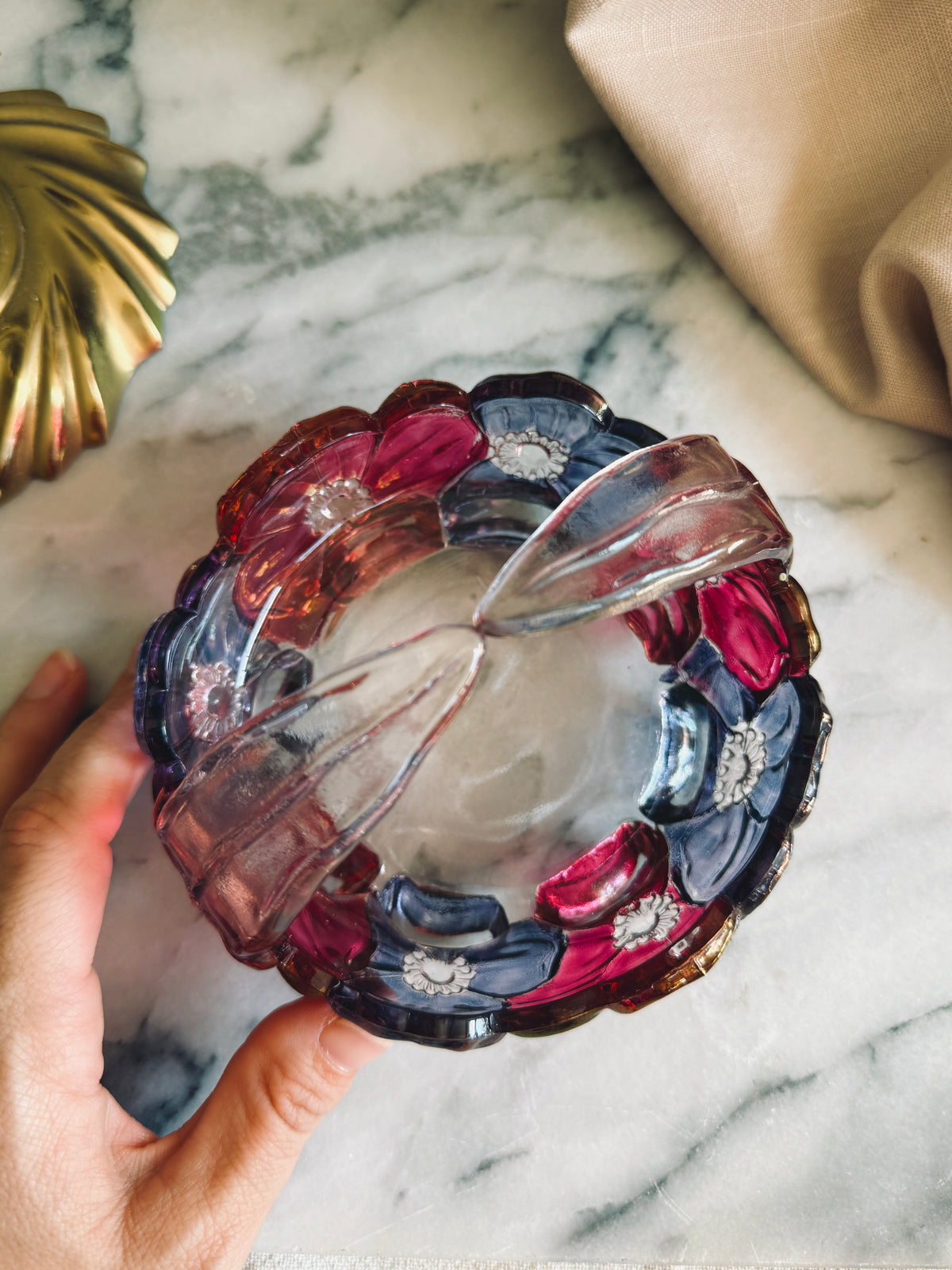 Glass basket with pink and purple florals